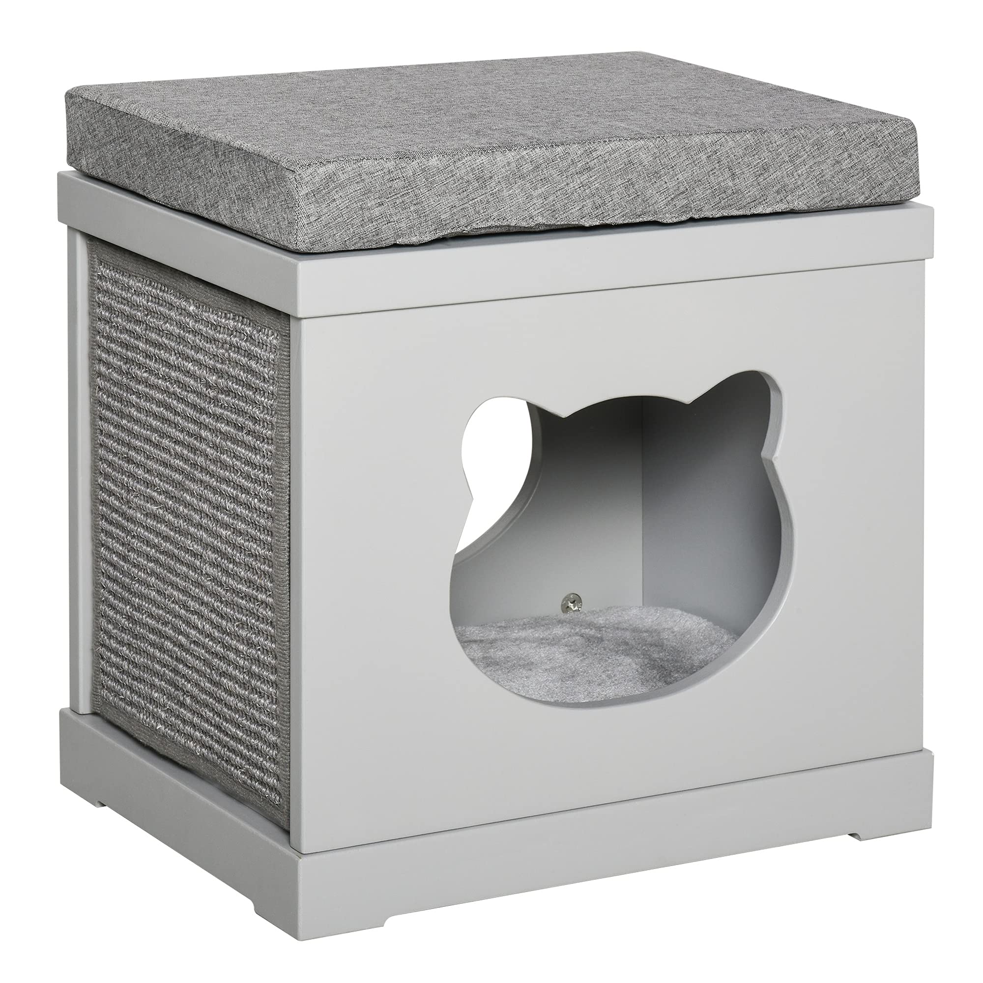 PawHut Caseta para gatos de madera con 2 cojines y rascador extraíbles, gris, 41 x 30 x 36 cm