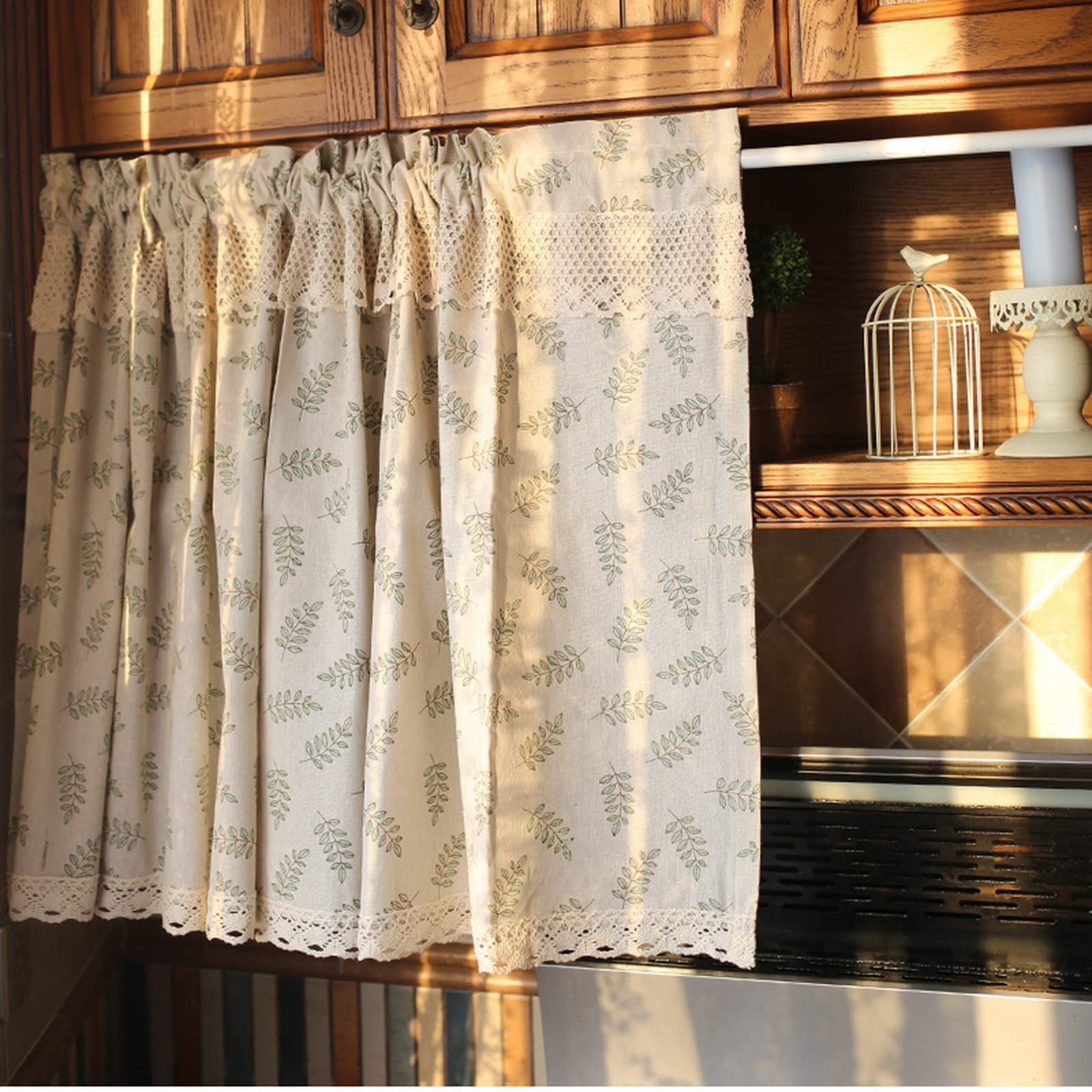 A.Monamour Cortina Cocina Ventana Puerta Corta Pequeña Beige Algodón Lino Verde Hoja Retro Rústico Cortijo País Opaco Bolsillo para Varilla Panel Cenefa Rustica Bistro para Dormitorio Café Baño