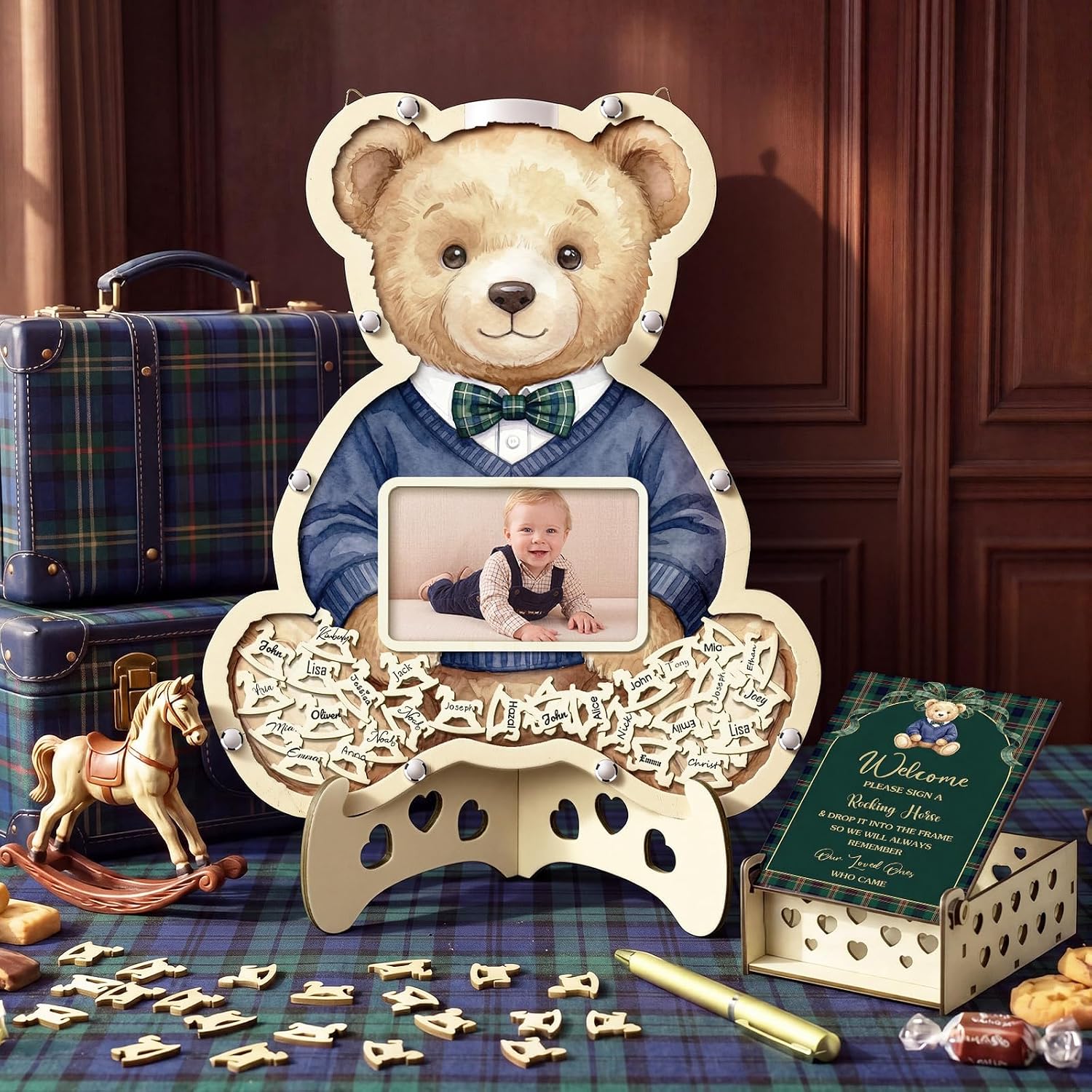 Wenqik 63 Pcs Luxury Equestrian Bear Baby Shower Guest Book Alternatives Set Baby Shower Decorations with Photo Frame Sonogram Frame Keepsake 60 Wood Slices Guest Book for Birthday