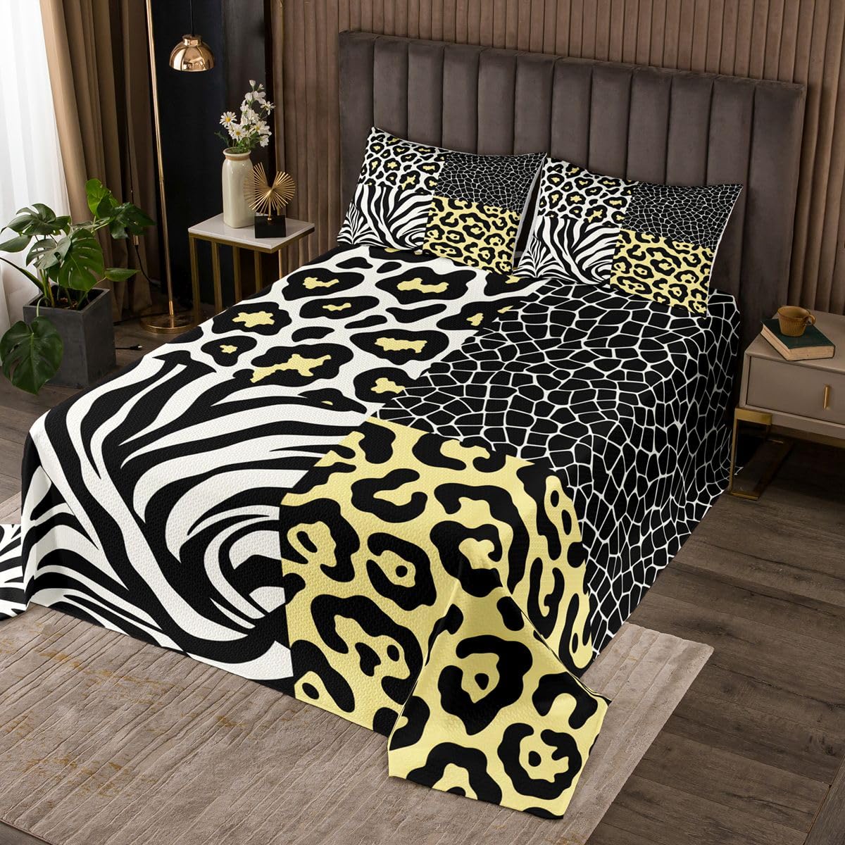 Loussiesd Lampart Zebra Print Narzuta Kołdry Leopard Zebra Wzór Narzuta Zestaw Pojedynczy Rozmiar dla Dzieci Chłopców Dziewcząt Żółty Czarny Narzuta Narzuta Na Całoroczny Z 1 Poduszką Z Mikrofibry