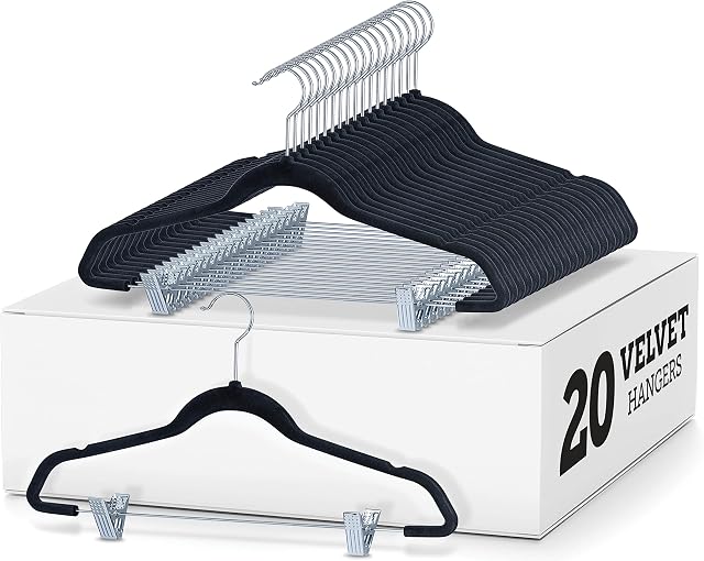 ZOBER Skirt and Trouser Hangers with Clips - 20-Pack of Velvet, Adjustable, Non-Slip Skirt Hangers w/ 360 Degree Swivel Hook - Premium, Space-Saving Clothes Hangers for Trousers and Suits - Black