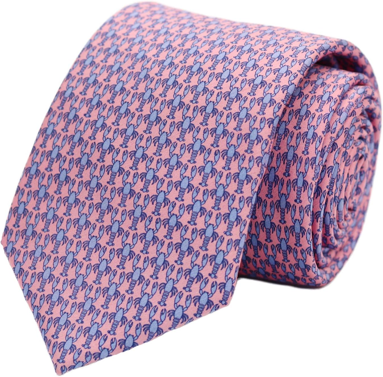 100% Silk Necktie Men's Handmade Necktie Animal Print with Gift Box, Lobster - Rose Pink with Sea Blue, Regular Length - 59"