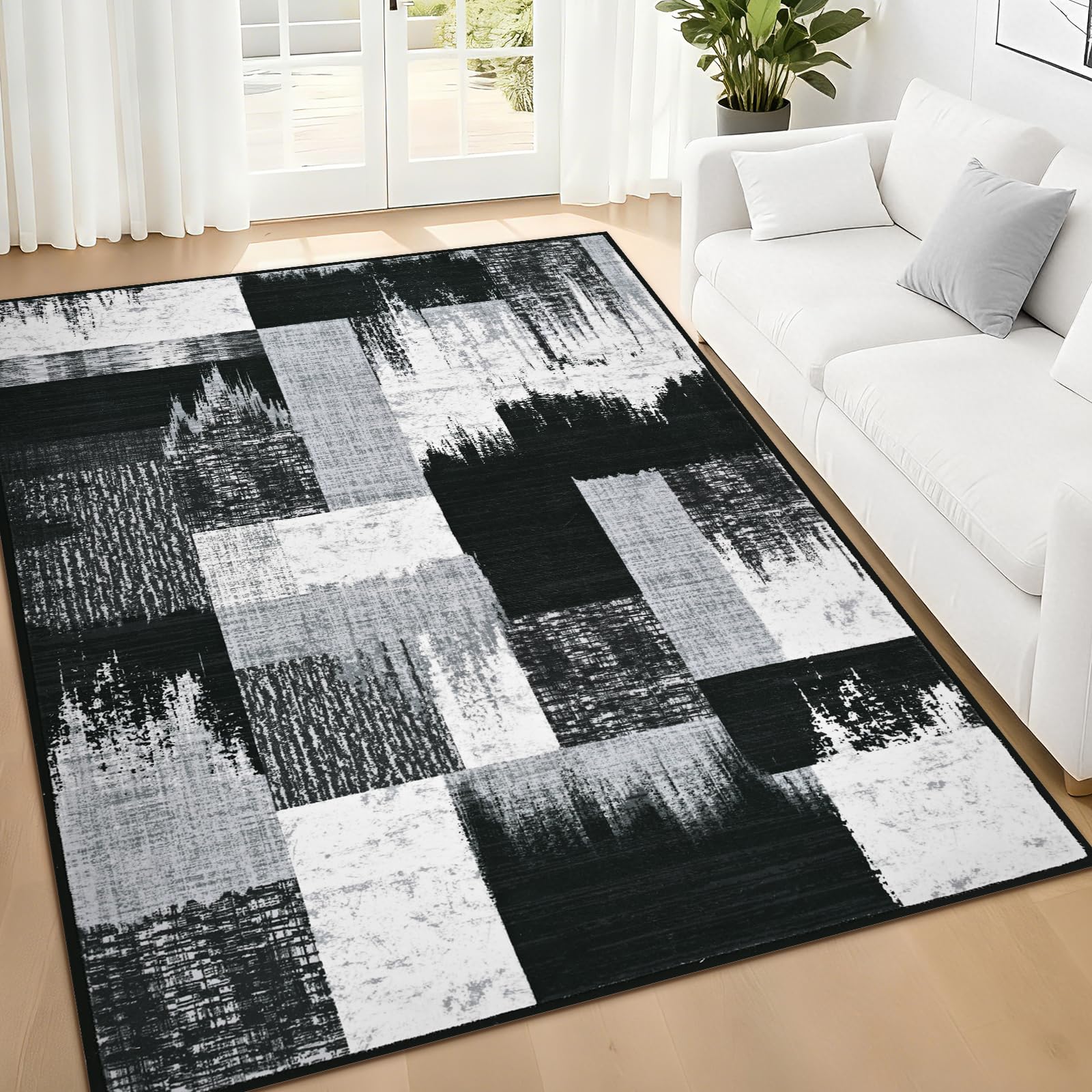 Alishomtll Rugs Living Room 120x170cm, Area Rugs for Bedroom, Anti-Slip Soft Large Rugs Faux Wool Geometric Style Modern Washable Easy Clean Carpets Durable Runner for Room Hotel Home Black and Grey
