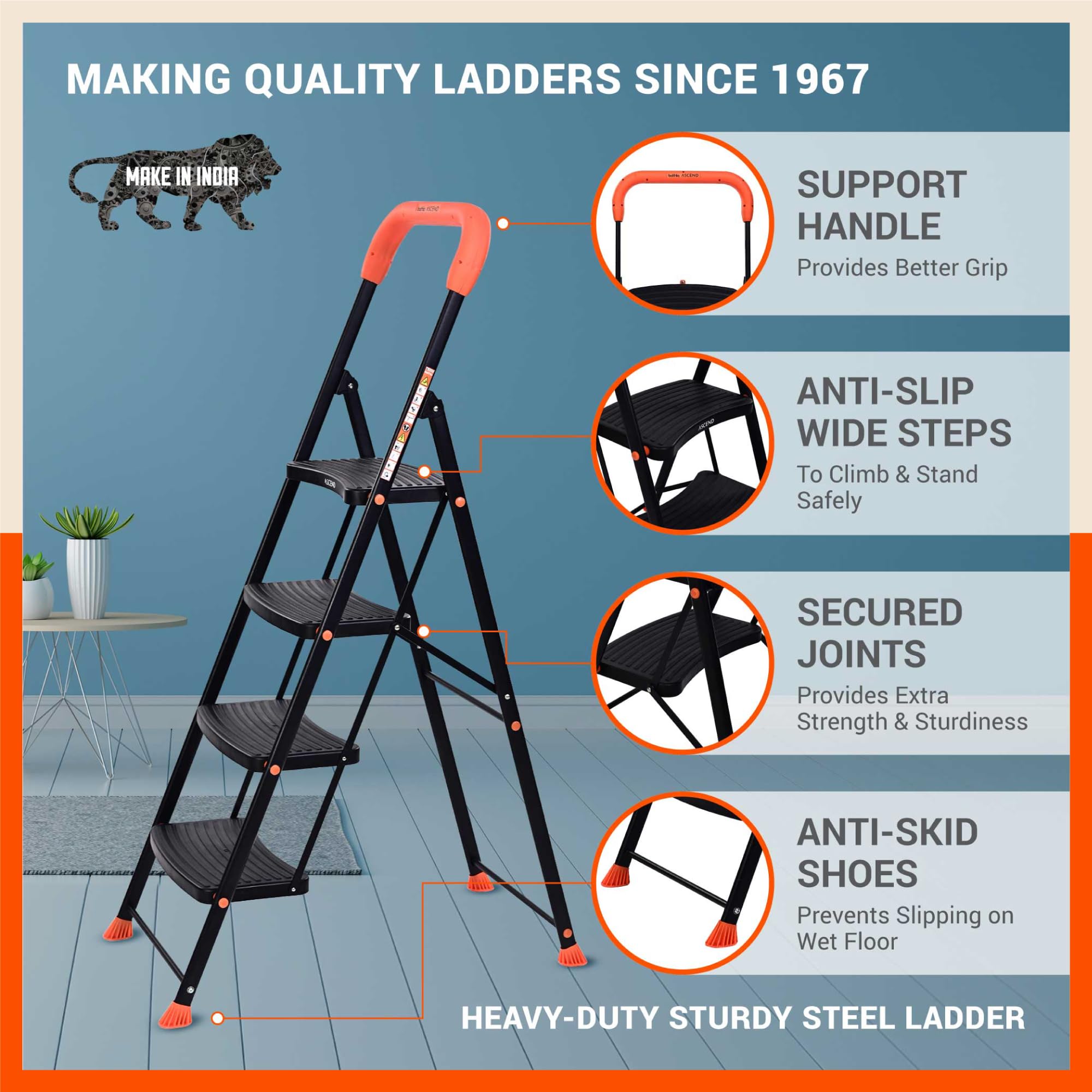 Bathla 4 Step Steel Ladder - Heavy Duty & Safe -3