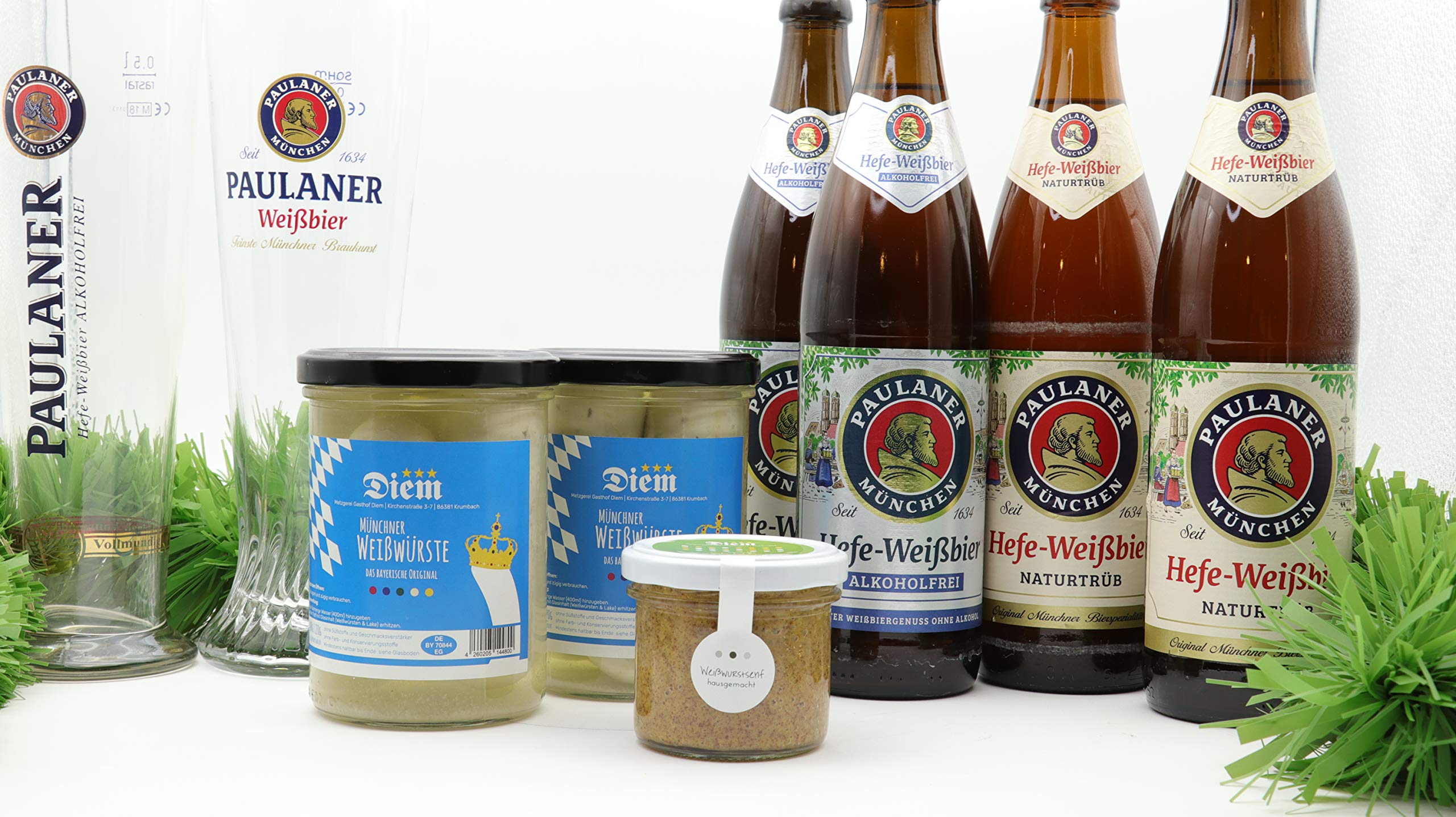 Digitales Weißwurst Frühstück - 2 x Weißwurst im Glas - à 220g Abtropfgewicht, 1 x Süßer, Würziger Weißwurst Senf. 2x Alkoholfreies Weißbier - Paulaner, 2x Weißbier Paulaner, 2x Weißbierglas