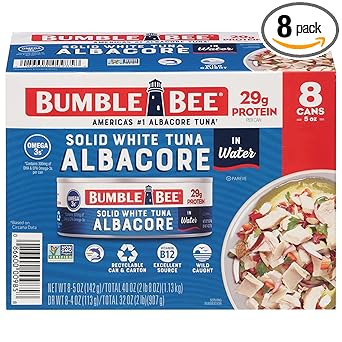 Bumble Bee Solid White Albacore Tuna in Water, 5 oz Can (Pack of 8) - Wild Caught Tuna - 29g Protein per Serving, High in Omega-3s - Non-GMO Project Verified, Gluten Free, Kosher