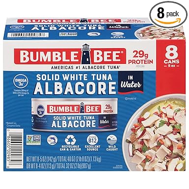 Bumble Bee Solid White Albacore Tuna in Water, 5 oz Can (Pack of 8) - Wild Caught Tuna - 29g Protein per Serving, High in Omega-3s - Non-GMO Project Verified, Gluten Free, Kosher