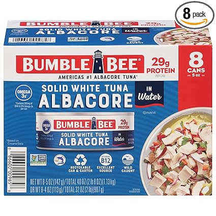 Bumble Bee Solid White Albacore Tuna in Water, 5 oz Can (Pack of 8) - Wild Caught Tuna - 29g Protein per Serving, High in Omega-3s - Non-GMO Project Verified, Gluten Free, Kosher