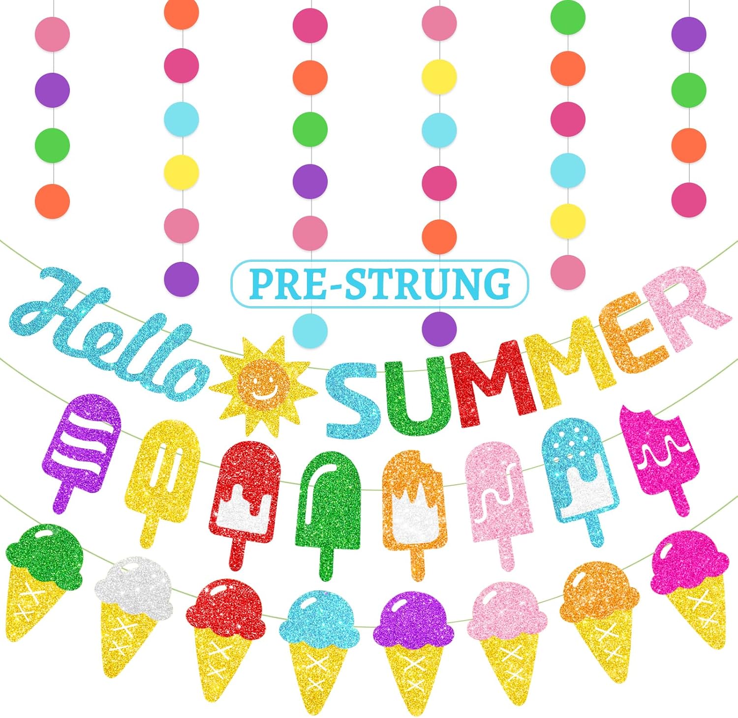4PCS Pre-Strung Hello Summer Banner, NO DIY Summer Garlands with Sun Sign Popsicle Banner Ice Cream Garland Circle Garland for Fireplace Mantle Office Summer Party Decorations