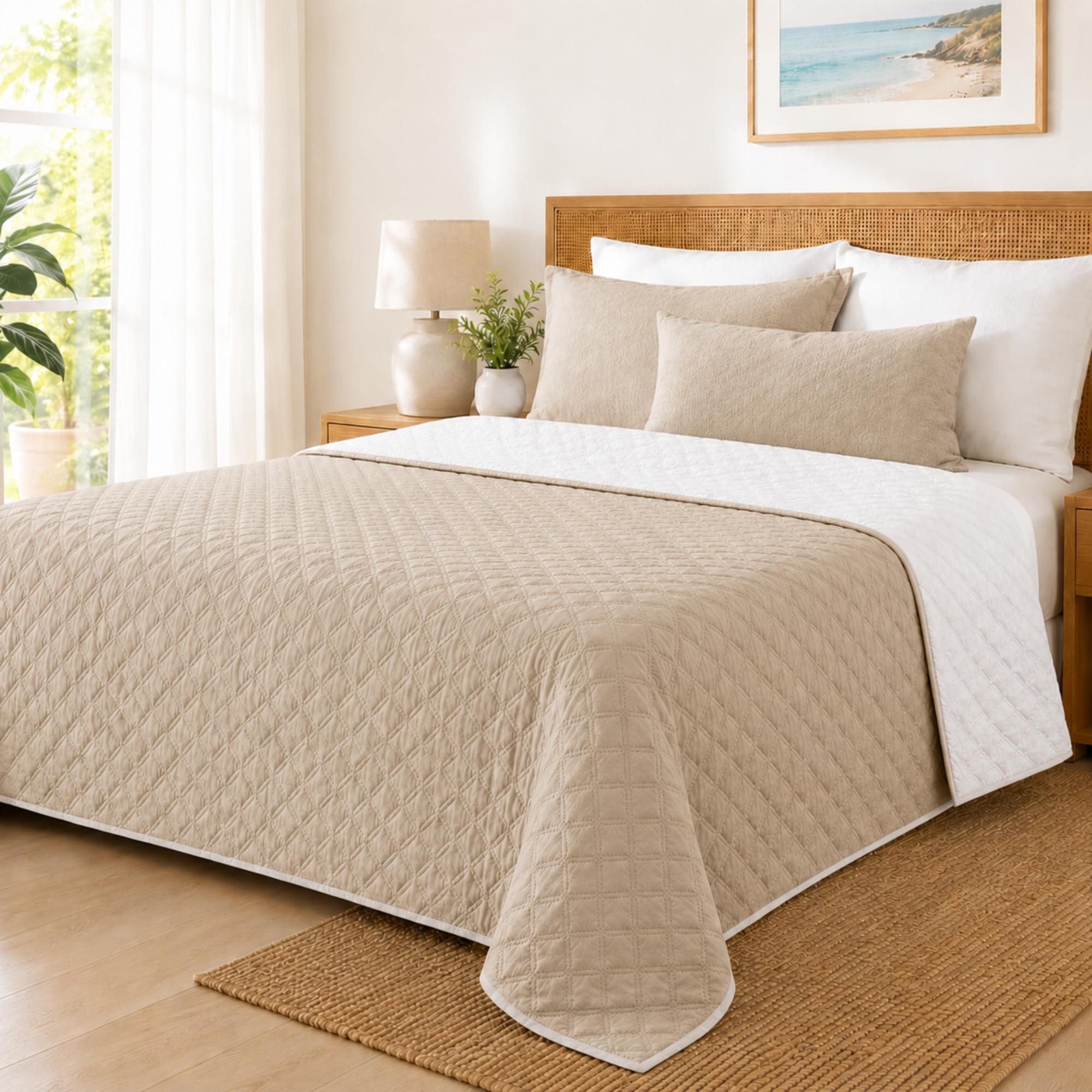 VKZ Trapuntino Matrimoniale Leggero, Piumino Estivo per Letto Matrimoniale, Trapunta Leggera Primaverile ed Estiva, Coperta Trapuntata,Beige/panna