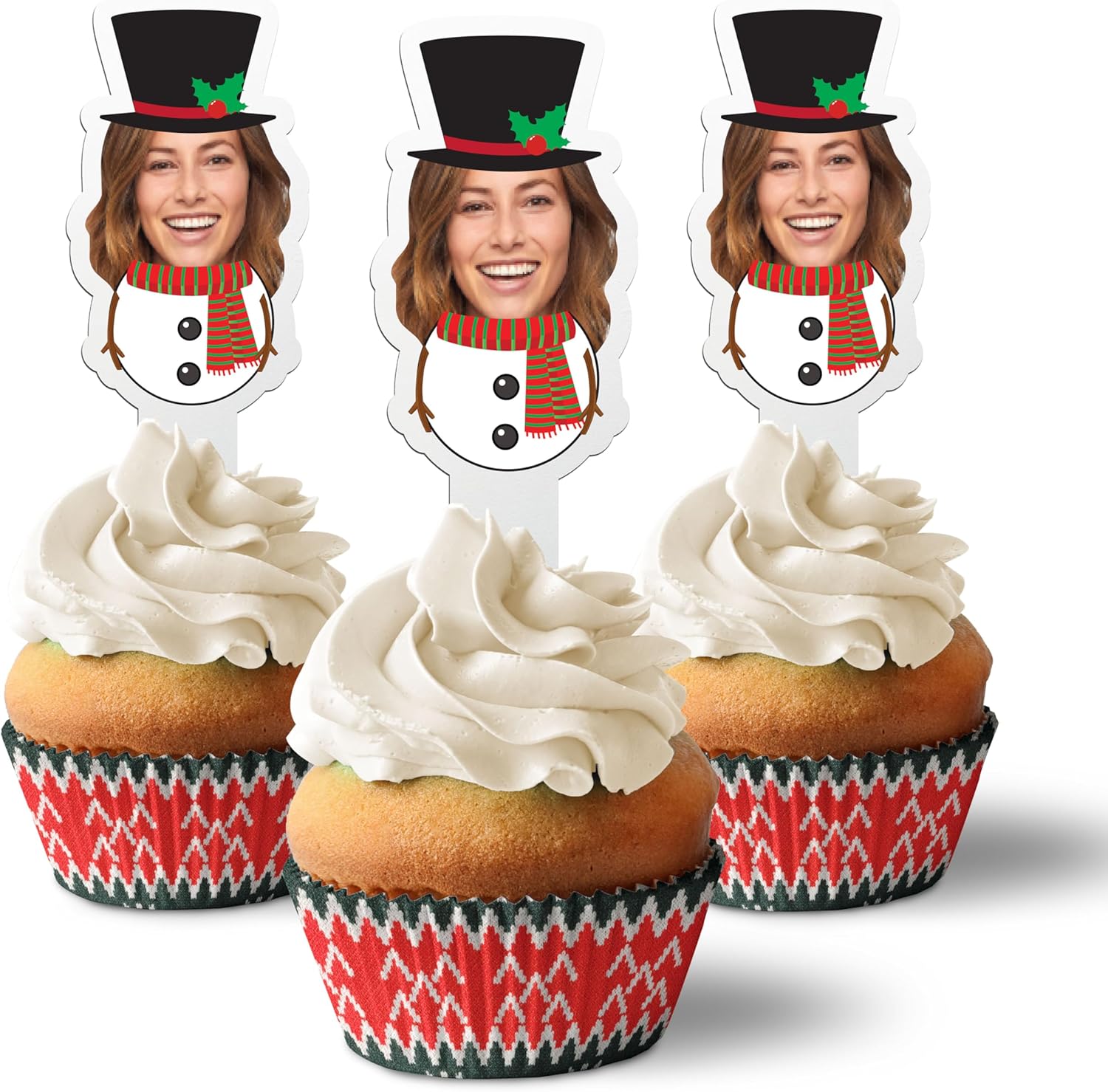 Custom Photo Christmas Cupcake Toppers 2x4 Inches, Solid Plastic, Cake Picks for Holiday Party Decorations (25, Snowman)