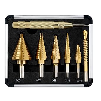 Ainiv Step Drill Bit Set, HSS Titanium High Speed Steel, 5PCS Multiple Hole Stepped Up Bits with Automatic Center Punch and Twist Drill Bit for DIY Lovers Metalworking, Woodworking, Hole Drilling