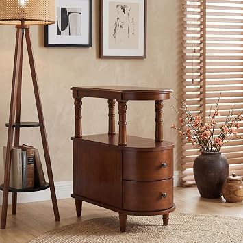 Wood End Table with 2 Drawers and Storage Shelf, Narrow Sofa Side Table for Living Room, Vintage Slim Nightstand Bedside Table for Bedroom, Slim Chair Side Table Cherry Brown BG-A508-MG | Narrow Side Table for Living Room, Vintage Slim Nightstand Bedside Table for Bedroom, Slim Chair Accent Table Cherry Brown