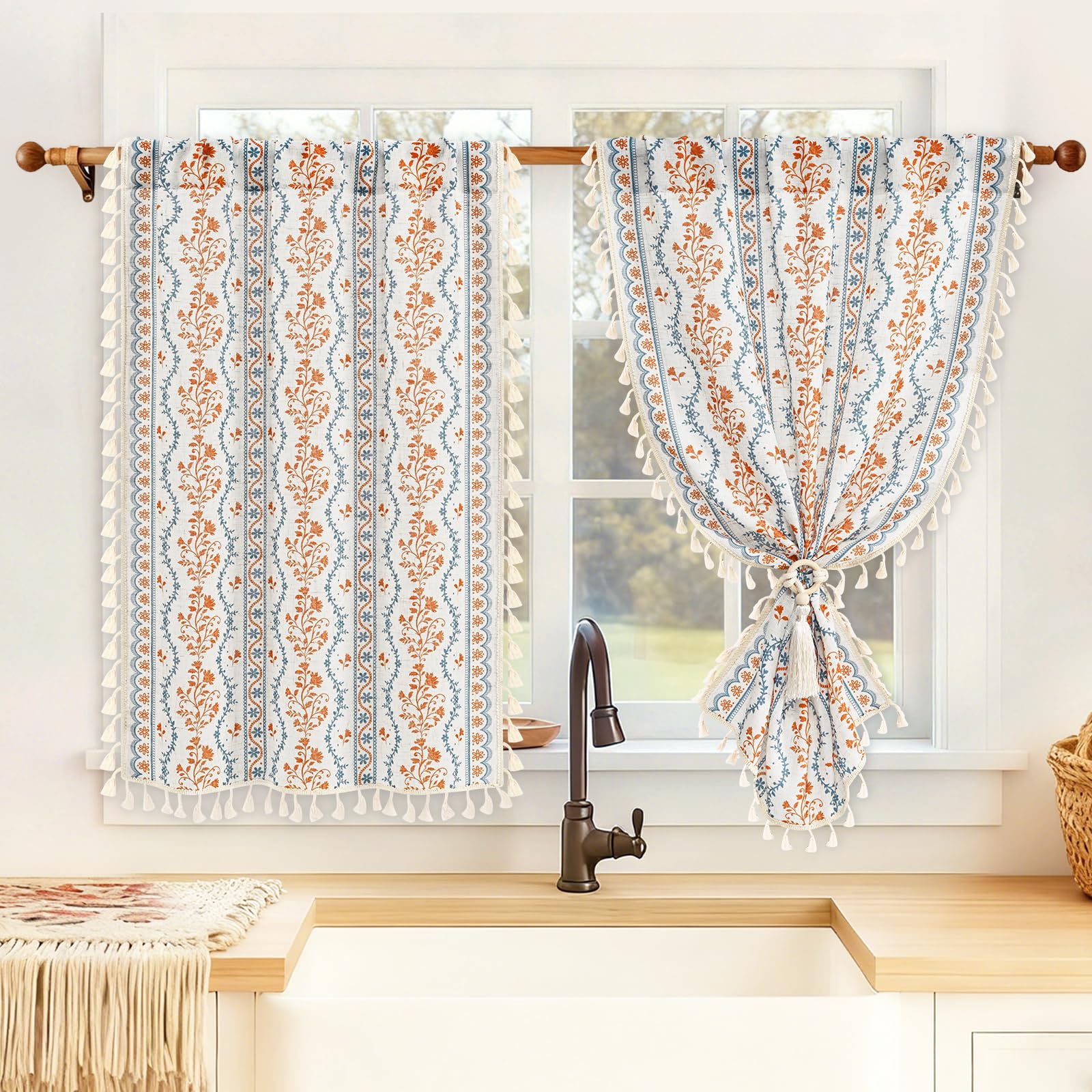 Yinhua Boho Kitchen Curtains 36 Inch Length Vintage Linen Cafe Curtains Light Filtering Bohemian Floral Tier Rod Pocket Farmhouse Rustic Tassel Small Drapes with Tiebacks, 2 Panels, Blue Orange Floral