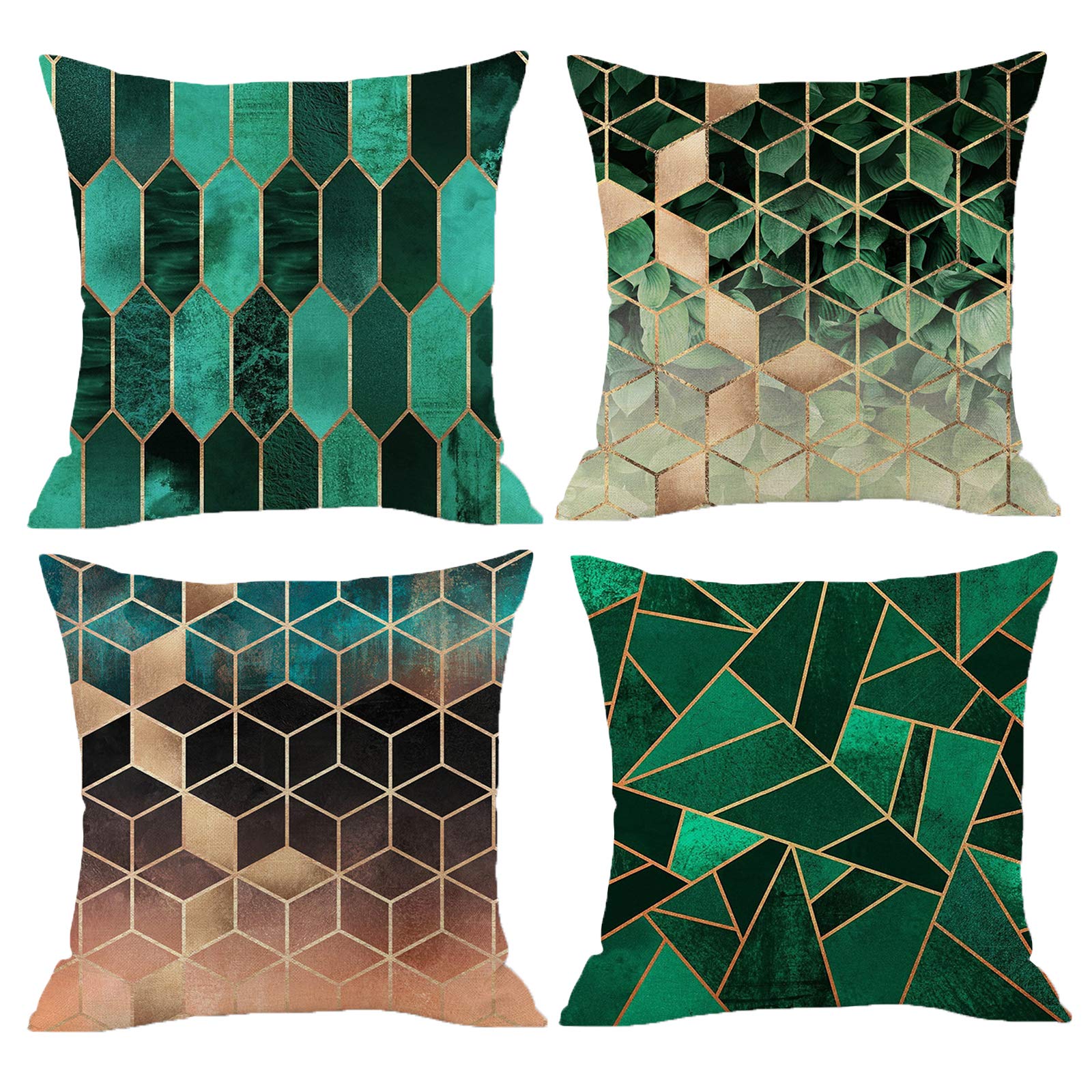 HOSTECCO Pack of 4 Geometric Decorative Throw Pillow Covers Linen Cushion Covers Green Abstract Pillow Cases Outdoor Sofa Home 45x45 cm