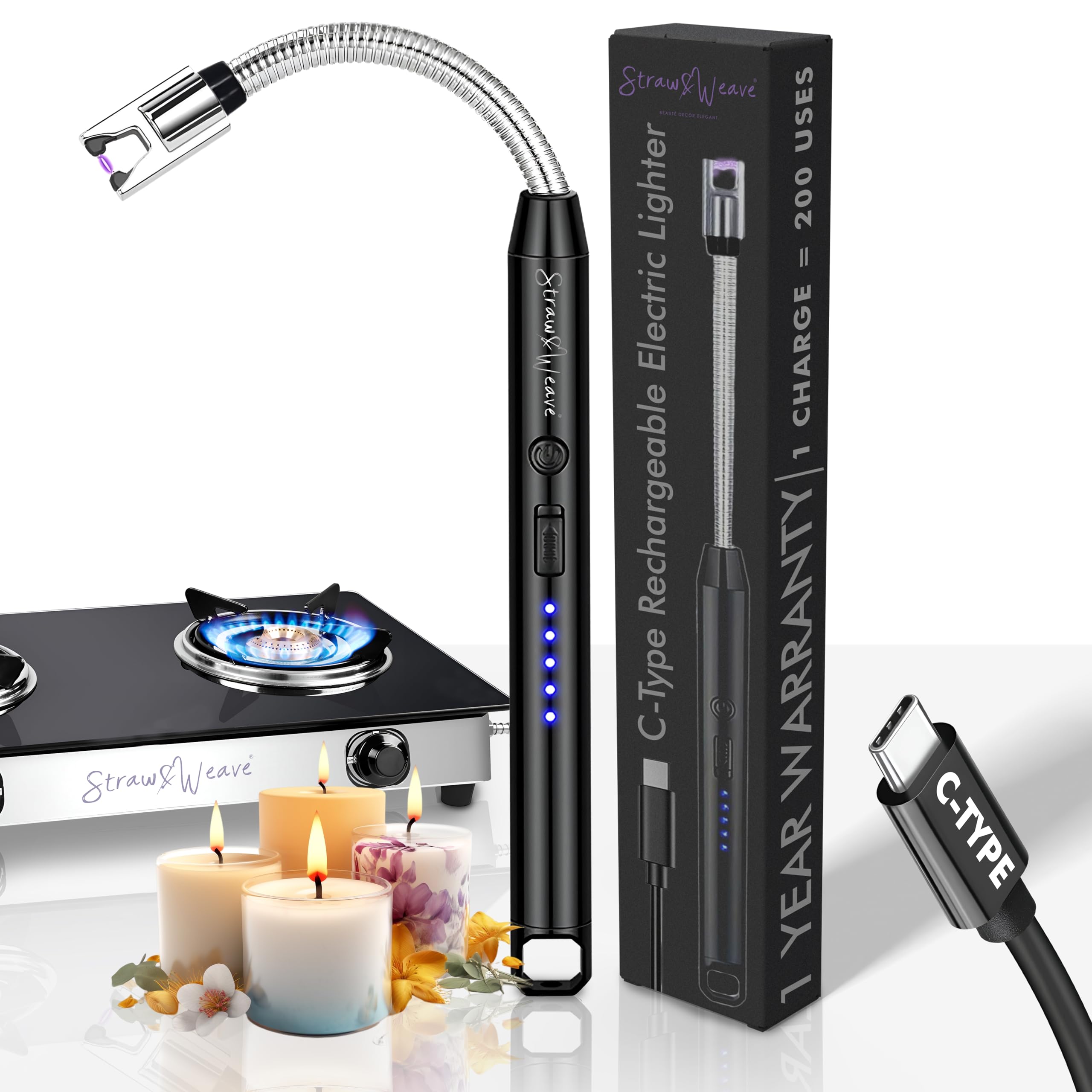 Electric Rechargeable Plasma Gas Lighter for Kitchen, Lighter for Gas Stove, Candles, Pooja, 1 Year Warranty, C-Type USB, Kitchen Tools, Multi Purpose - 360° Flexible & Windproof, Black