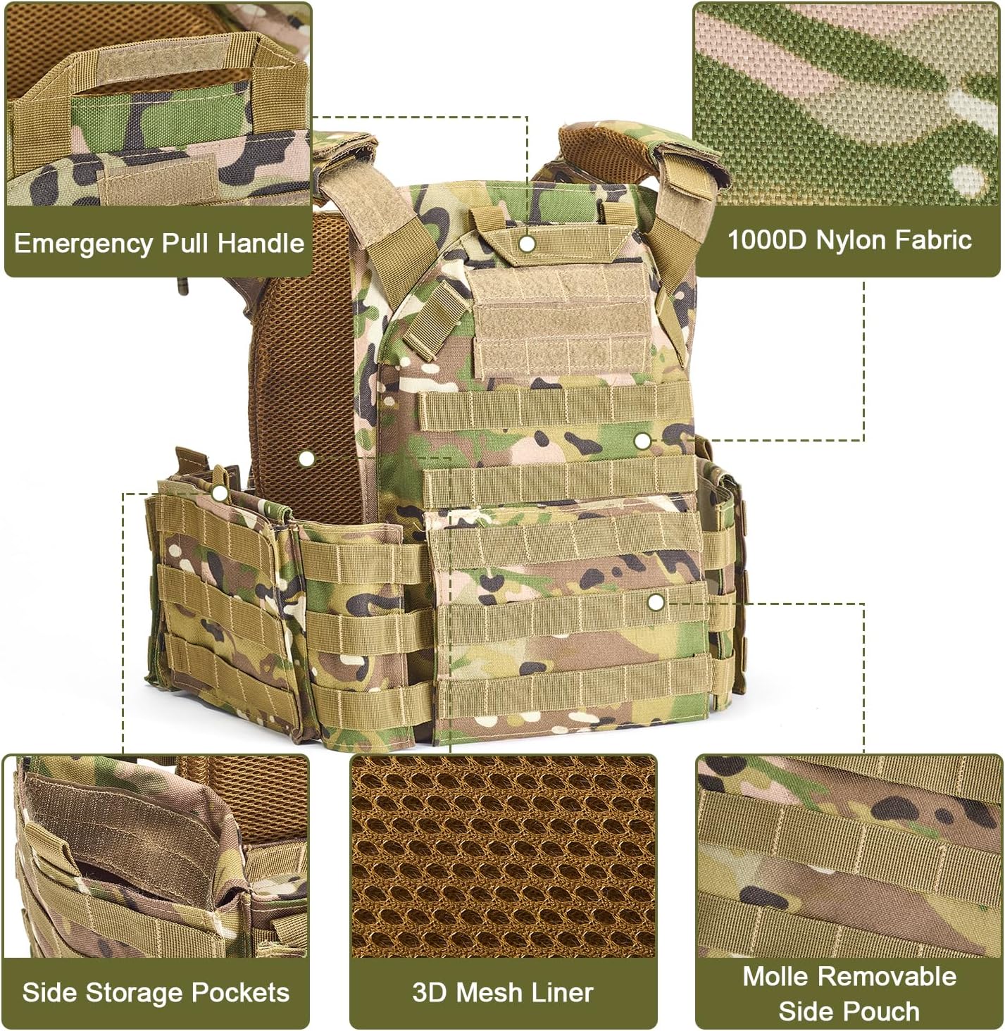 Tactical Vests,Quick Release Camo Vest, Men's 1000D, Lightweight Modular 3D Breathable Vest