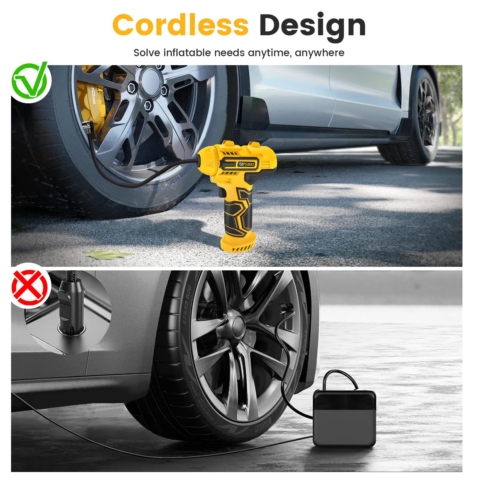 Skeufy Autoreifenfüller Luftkompressor, Tragbare Kabellose Reifenpumpe, 150psi Handheld Autoreifenpumpe mit LED-Licht, USB Wiederaufladbarer Akku, 3 Düsen, Elektrische Luftpumpe für Auto, Motorrad