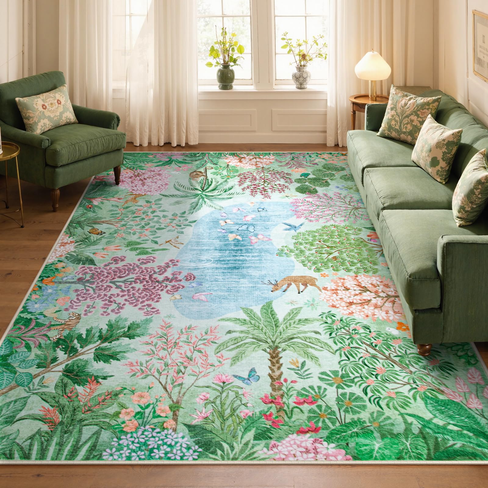 Lahome Spring Jungle Carpet, Green Bedroom Rug 8x10 Under Bed, Large Washable Rugs 8x10 for Living Room, Spring Botanical Non Slip Non Shedding Kids