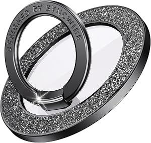 Syncwire Magnetic Phone Grip for MagSafe, Magnetic Sparkle Phone Ring Holder, Rotatable Kickstand Cell Phone Stand Removable MagSafe Accessories for iPhone 15 Pro Max 14 13 12,Android- Black Diamond