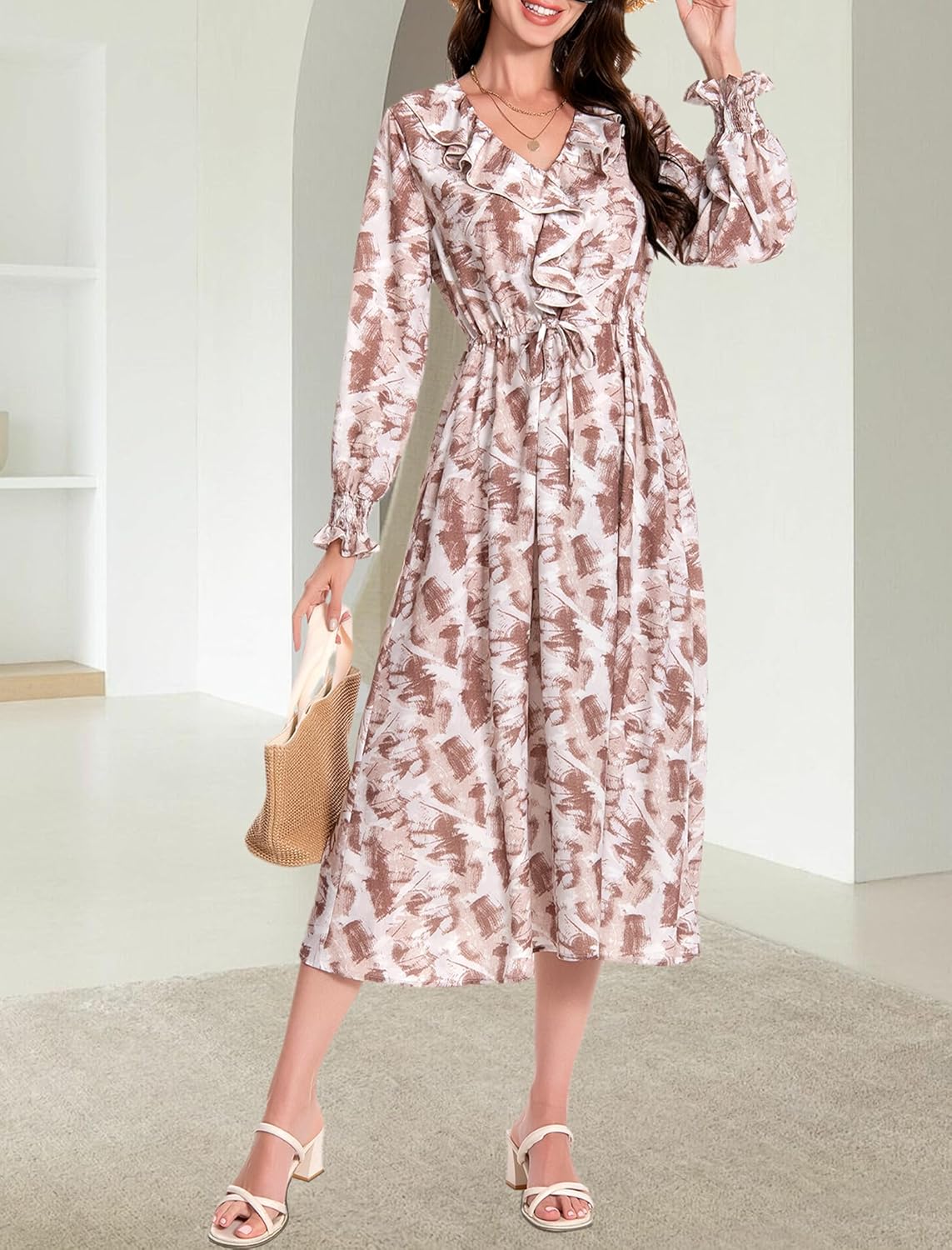 Womens Boho Maxi Dress Floral Dress Long Sleeve Ruffle V Neck Flowy Spring Casual Beach Vacation Long A Line Dresses - Image 4