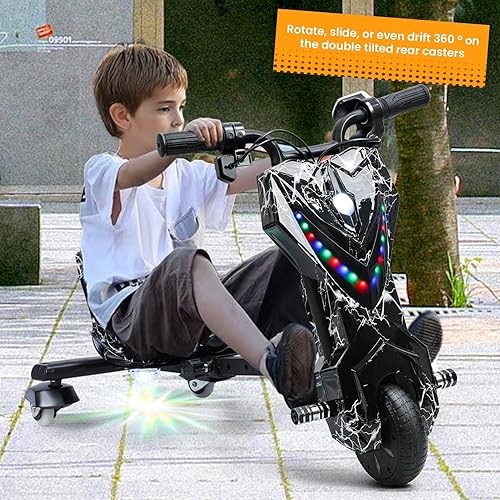 Miniatura 7 de Triciclo de deriva para niños, triciclo de ruedas grandes para mayores de 8 años, asiento ajustable, triciclo eléctrico de deriva de 12 V con freno