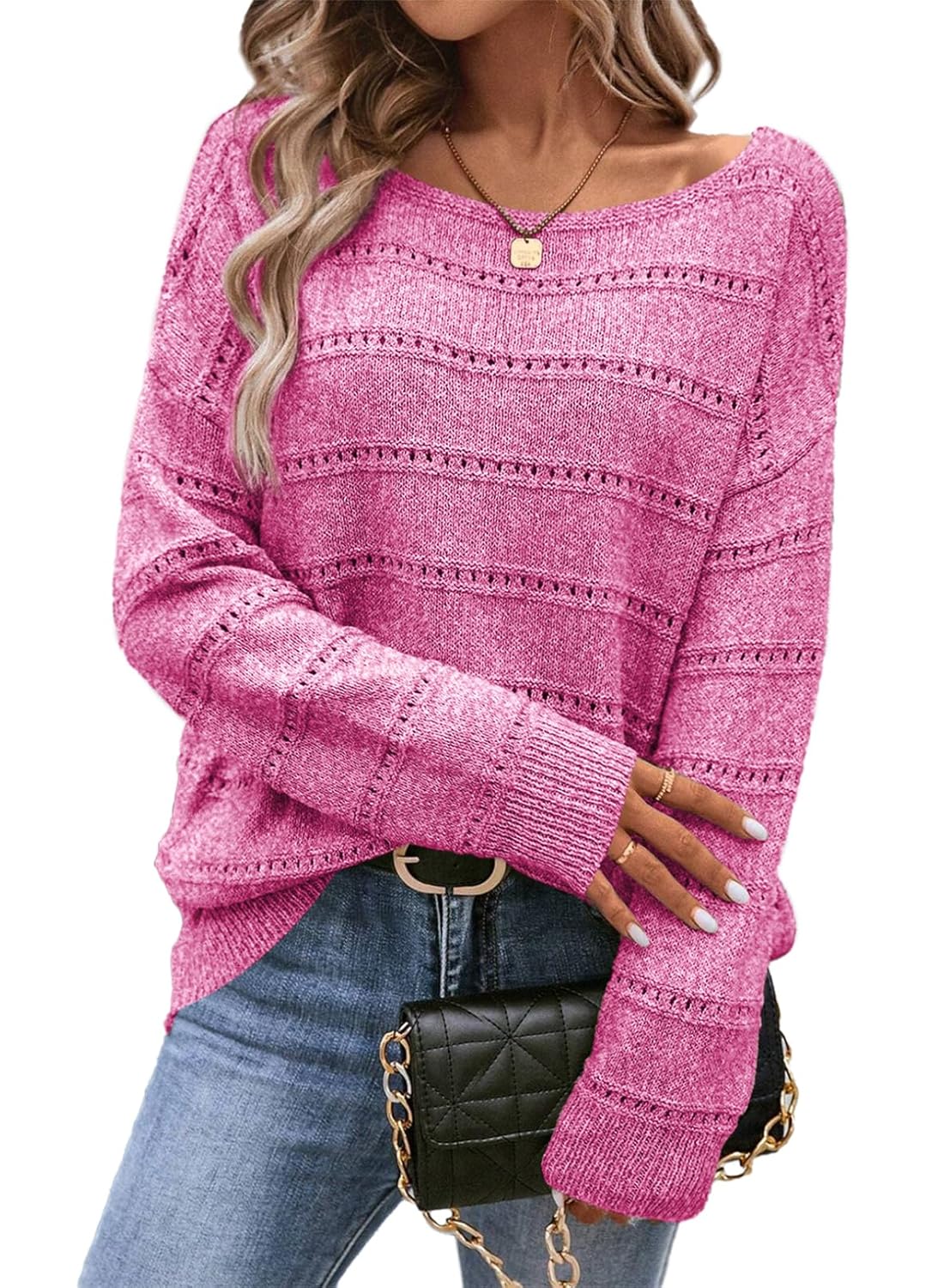 SHEWIN Womens Sweaters Boat Neck Crochet Long Sleeve Sweater Lightweight Knit Tops Shirts Loose Fit Fall Fashion 2025