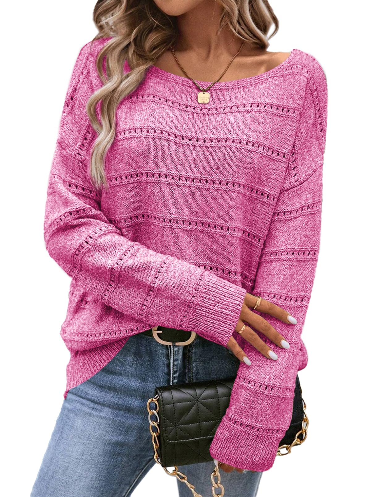 SHEWIN Womens Sweaters Boat Neck Crochet Long Sleeve Sweater Lightweight Knit Tops Shirts Loose Fit Fall Fashion 2025