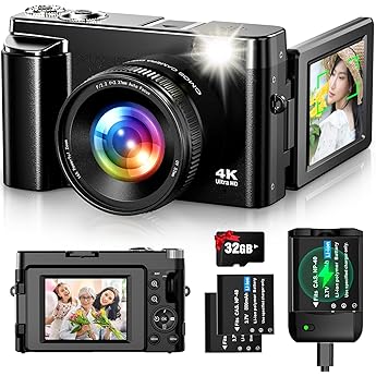 Digital Camera, 48 Megapixels, Digital Camera, 32 GB Micro SD Card Included, Battery Charger, Autofocus Function, 180 Degree Rotatable Display, 16x Zoom, Image Stabilization, Webcam Convenient