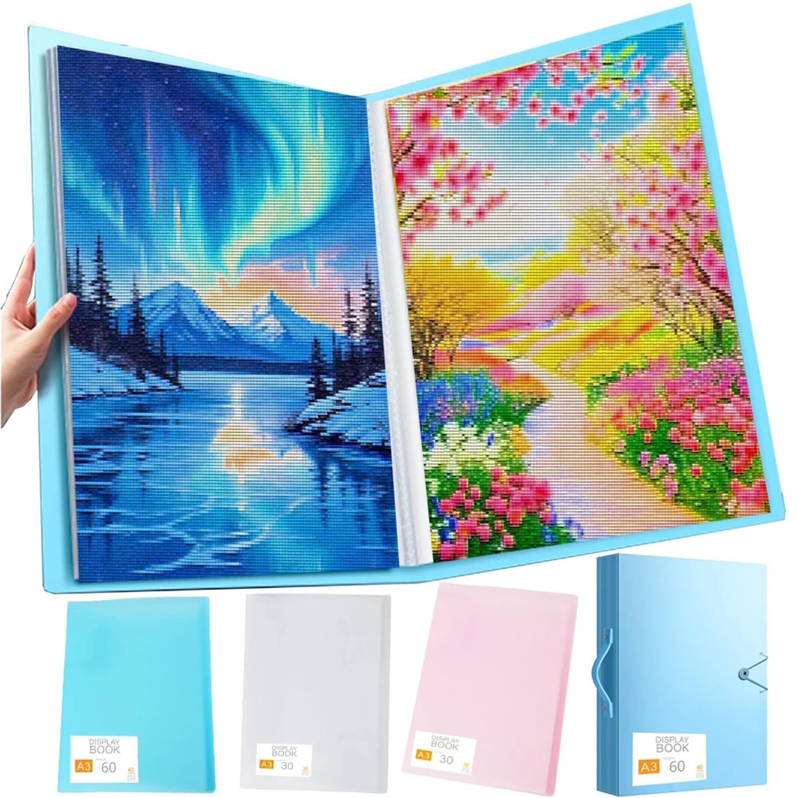 2PCS 30/60 Pagine Pittura Diamante Libro di Stoccaggio Portfolio Presentazione Tasche Trasparenti Cartella Album Foto Strumento Cancelleria per Casa, Ufficio(Blue-60Pages)