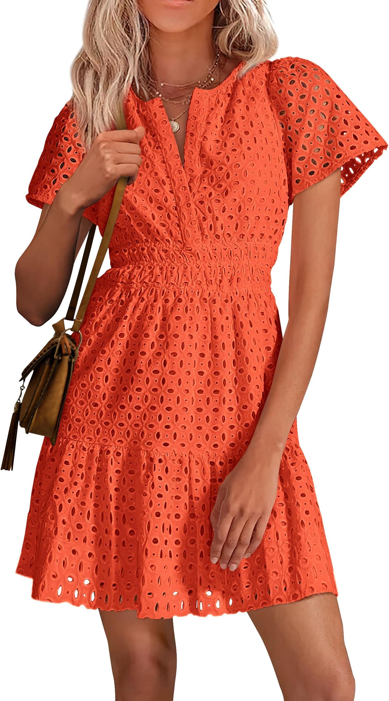 Womens 2026 Summer Short Dress V Neck Short Sleeve A Line Hollow Out Lace Ruffle Cute Casual Beach Party Dresses