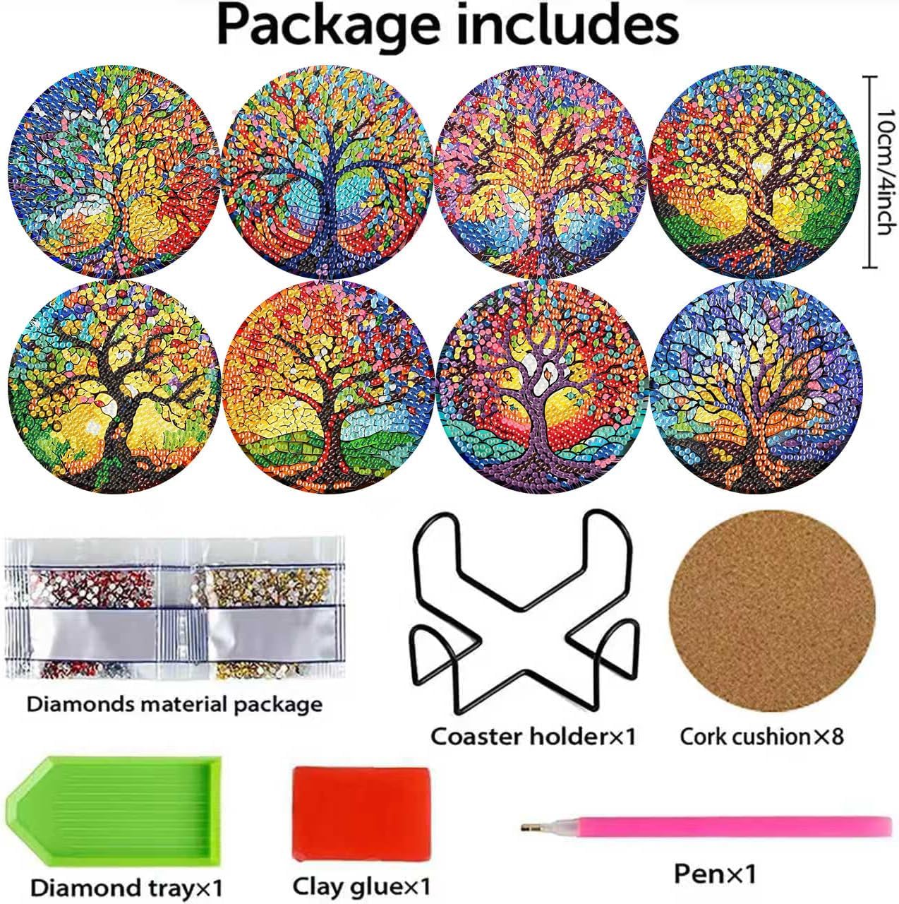 8 Pcs Diamond Art Coasters Kit for Adults Beginners - Tree of Life Diamond Painting Coasters with Holder, Diamonds Art Coaster Kits Craft Gifts Home Decors 4X4 Inch