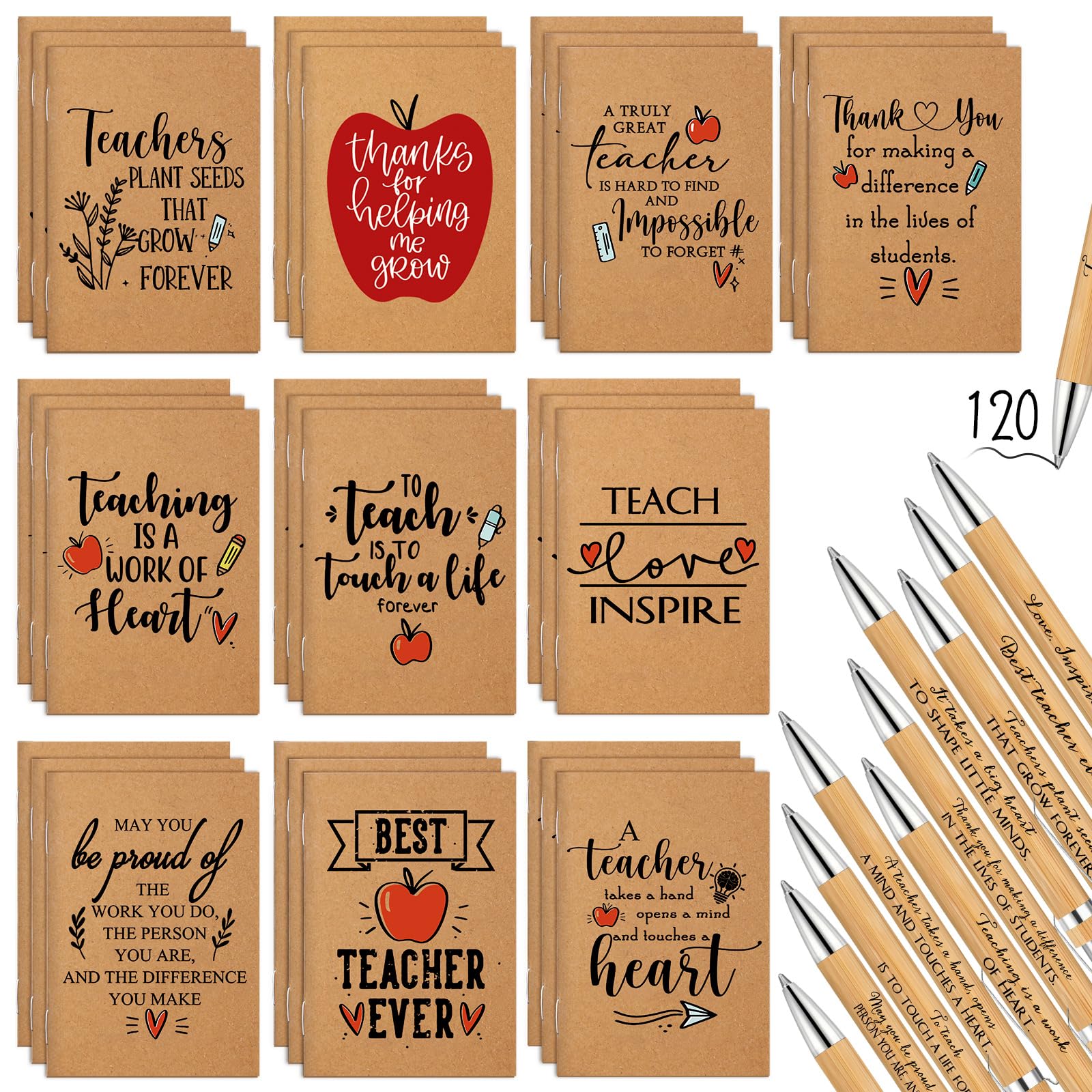 Set di quaderni motivazionali in carta kraft per insegnanti, regalo di ringraziamento per insegnanti, per il primo giorno di scuola, taccuino tascabile in legno di bambù, penna a sfera a righe, mini