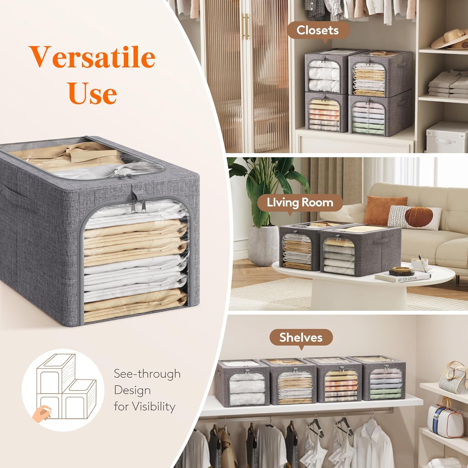 Lifewit Clothes Storage Bins with Metal Frame 6 Pack, Fabric Stackable Storage Bags with Lids, Zipper, Foldable Clost Organizers Containers for Clothing, Blanket, Winter Cloth, 40L