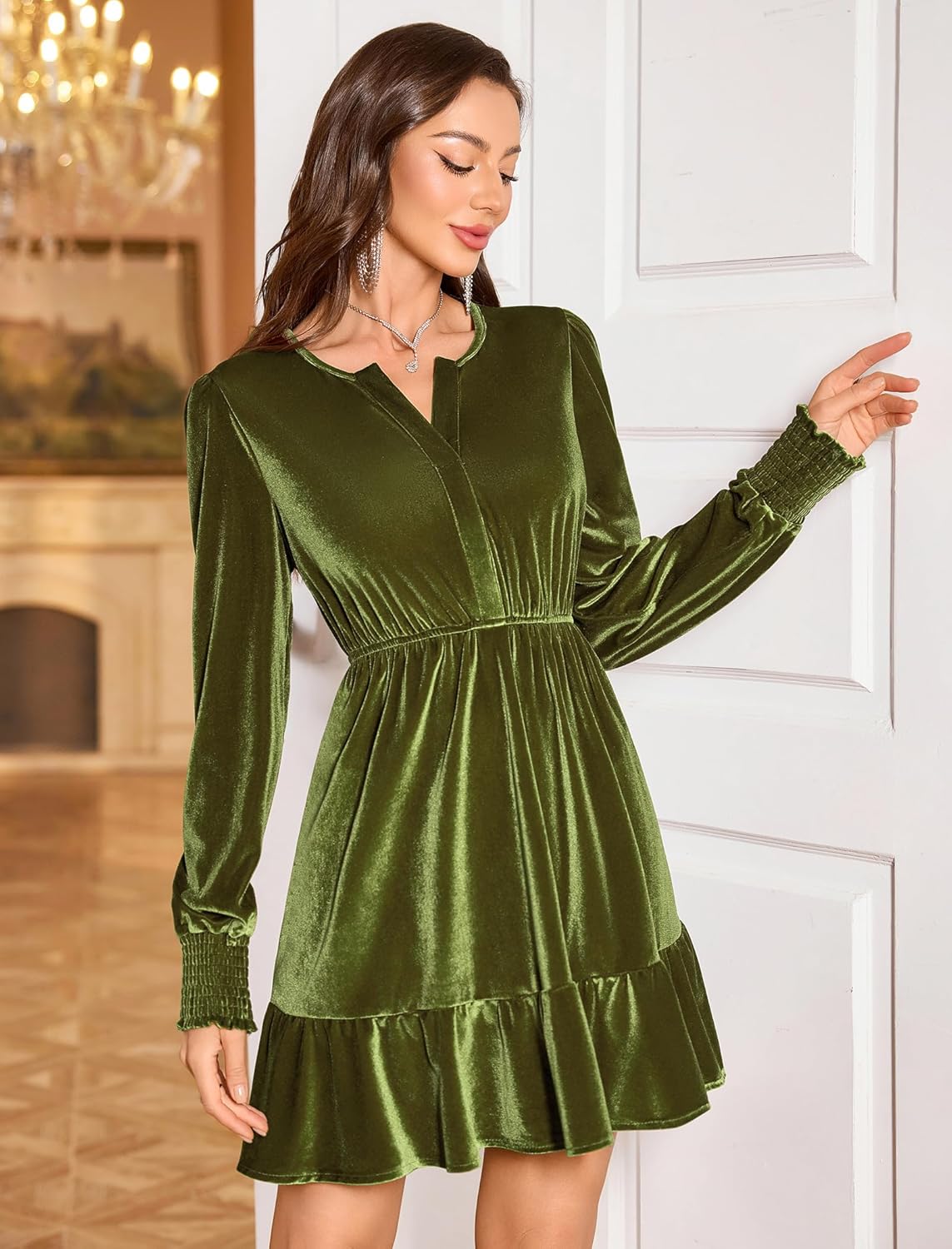 ZAFUL Womens Long Sleeve Velvet Dress 2025 Fall V Neck Holiday Cocktail Party Semi Formal Mini Dresses for Wedding Guest - Image 4