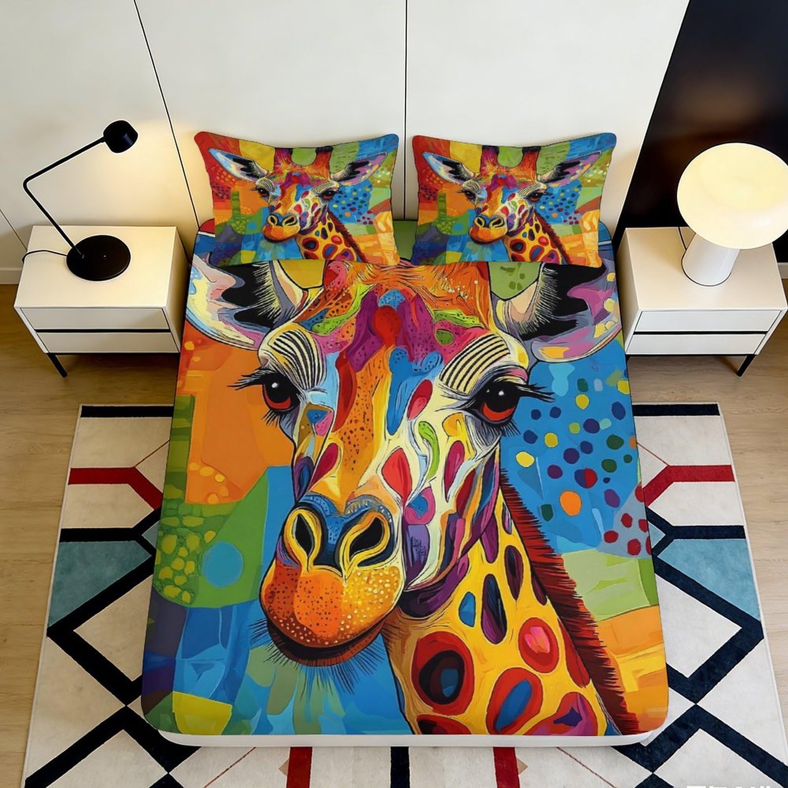 3D Printed Colorful Giraffe Fitted Sheet Microfiber Soft Artistic Animal Mattress Cover Bedroom Décor Dustproof 90x200x25cm