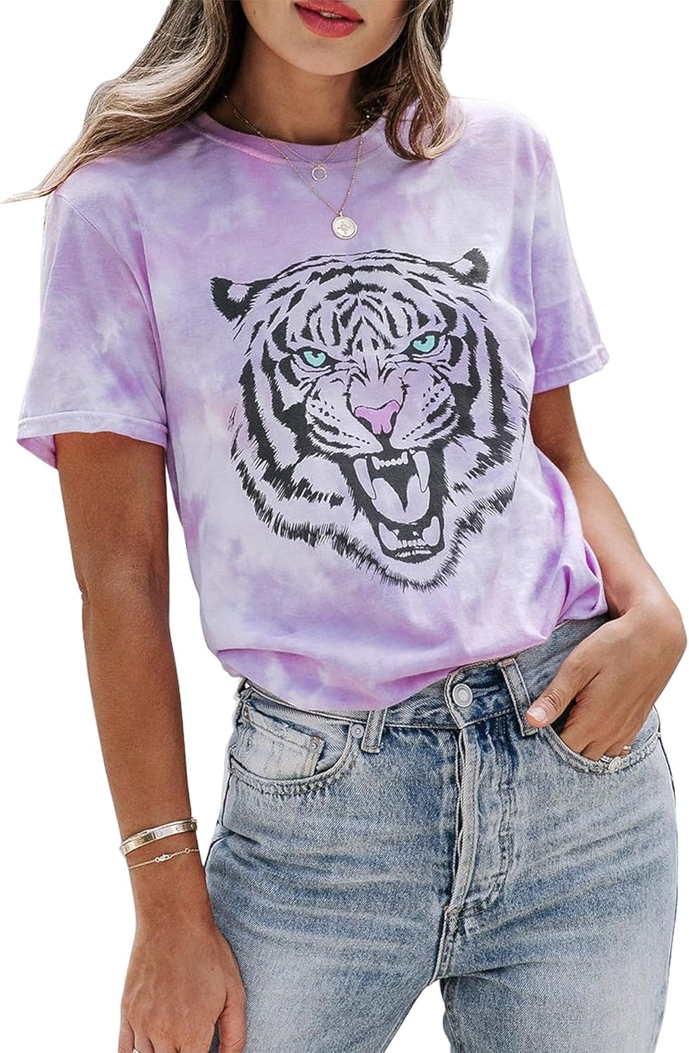 Tie Dye Shirt Womens Animal Tiger Graphic Tees Tops Summer Casual Loose Short Sleeve T-Shirt Blouse