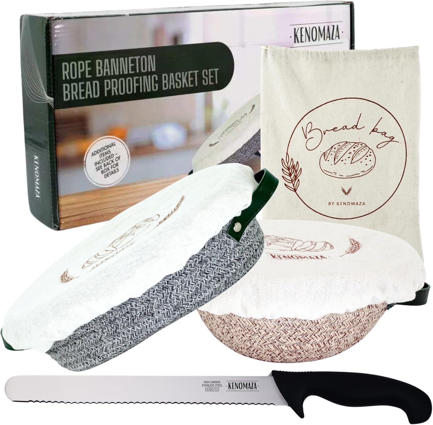 Banneton Proofing Basket Set with Bread Knife & Storage Bag - 9 & 10 Inch Sourdough Rising Baskets, Liners, 10" Serrated Knife, Freshness Keeper Bag | Complete Baking Kit