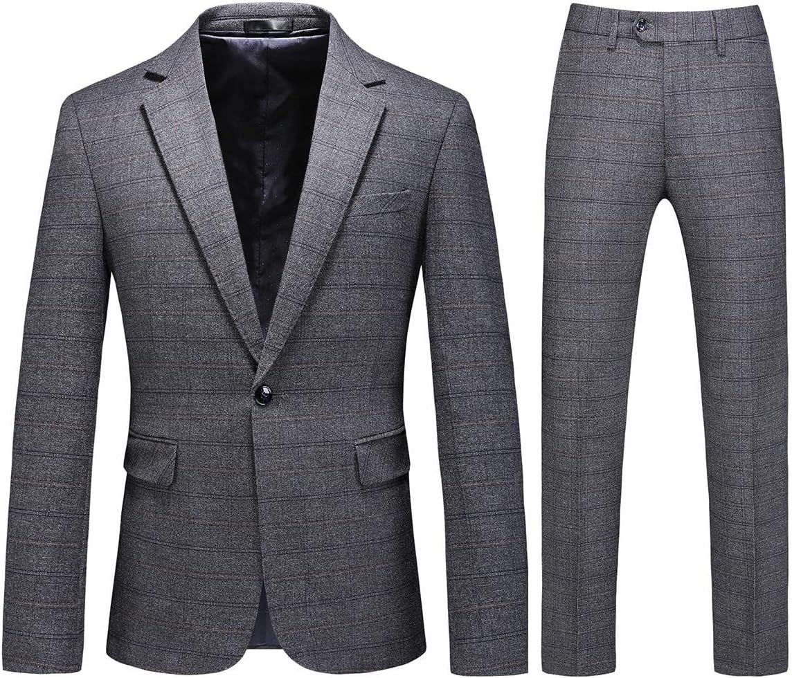 Mens Plaid Suit Tweed Slim Fit 2 Piece Casual Suits for Men One Button Tuxedo Suits Set （Blazer Jacket & Pants Set）