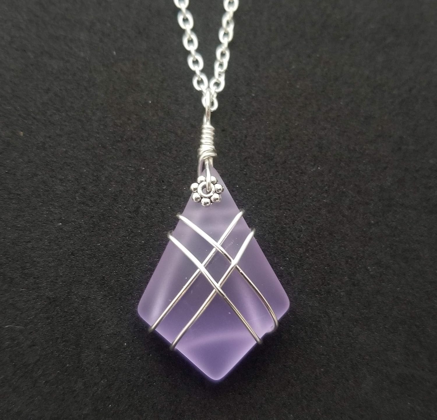 yinahawaii Handmade Cross net wire wrap Diamond shape Magical Color Changing purple sea glass necklace, (Hawaii Gift Wrapped, Customizable Gift Message)