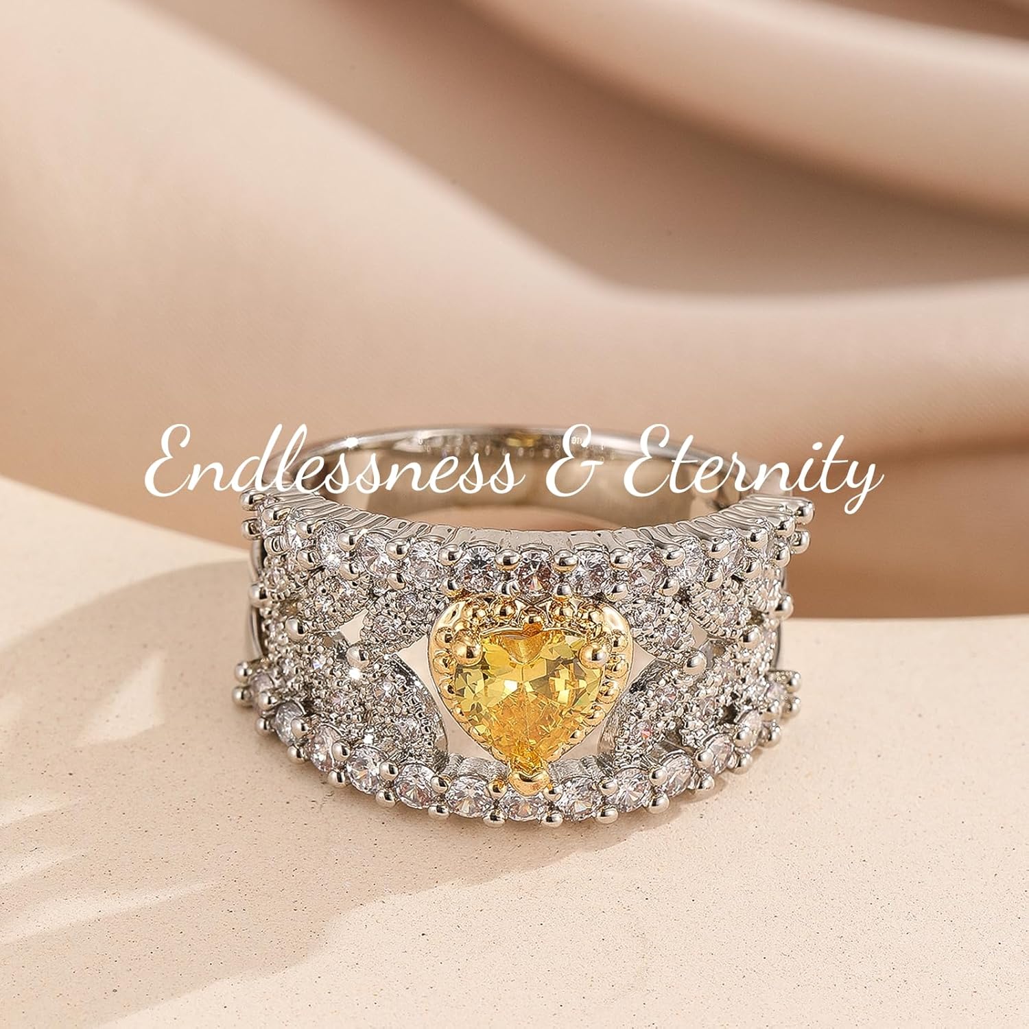 ENDLESSNESS & ETERNITY Heart Half Eternity Wedding Band Ring Cubic Zirconia CZs Stackable Cocktail Ring - Image 4