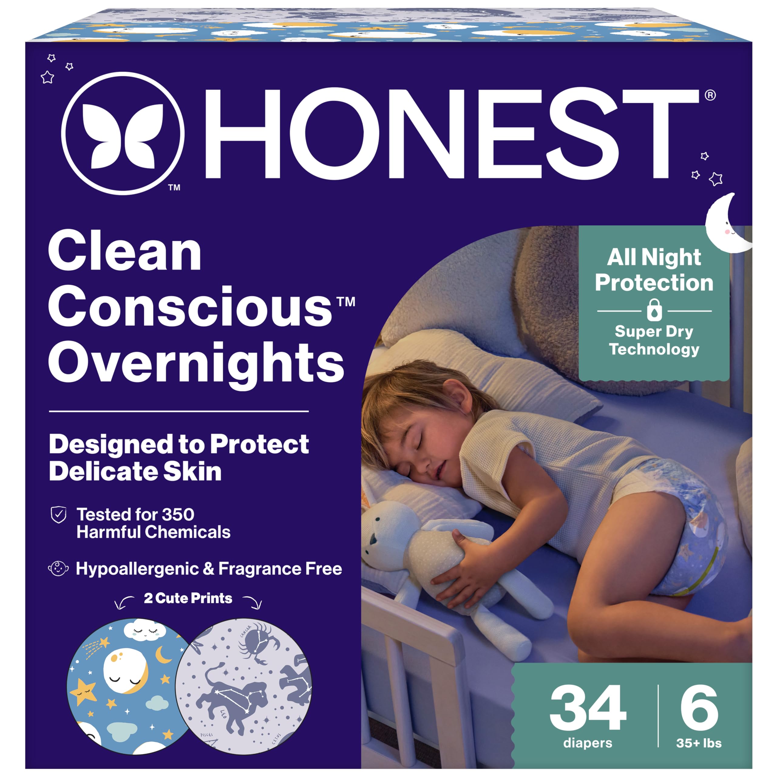 Clean Conscious™ Overnight Diapers | Up to 12 Hours of Protection | Hypoallergenic + Fragrance Free | Cozy Cloud + Star Signs | Size 6, 34 Count Club Box