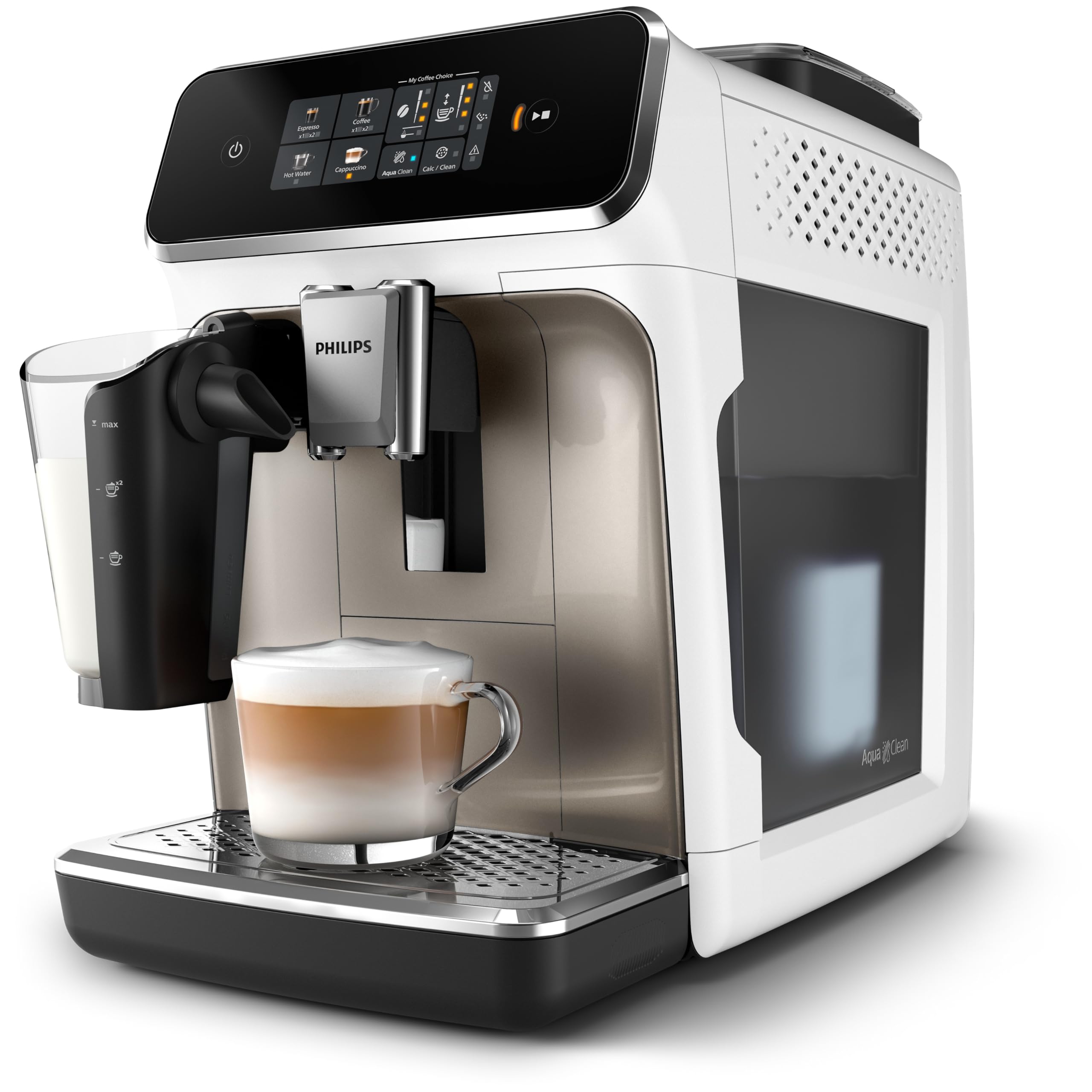 PHILIPS Macchina da caffè espresso automatica Serie 2300-4 bevande, Display touch screen a colori, Sistema LatteGo, SilentBrew, Macinacaffè in ceramica, Filtro AquaClean. Bianco cromo (EP2333/40)