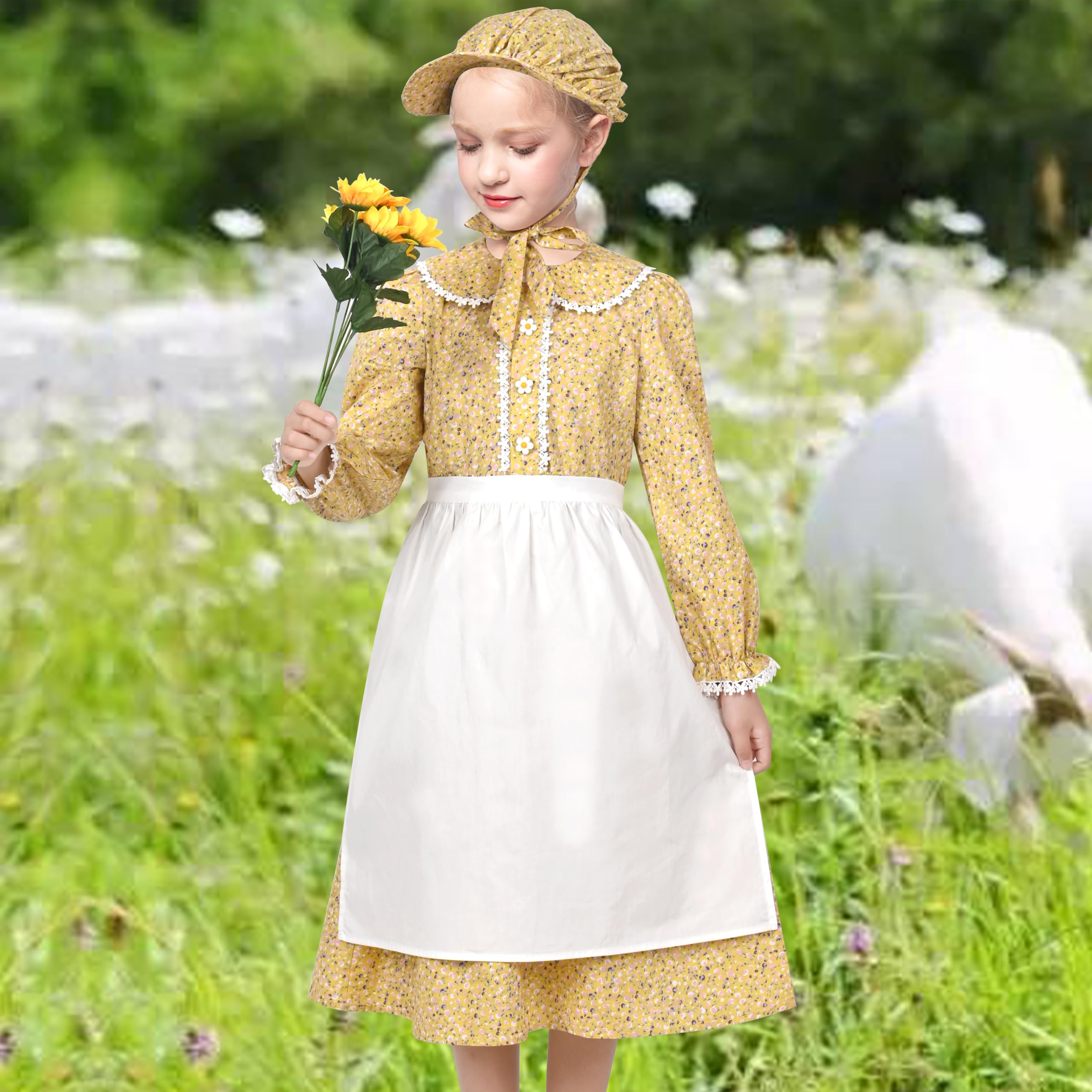 Girls Dress 3 Piece Set Apron Bonnet Pioneer Costume Floral Peasant Retro Age 6 Years Yellow - Image 3