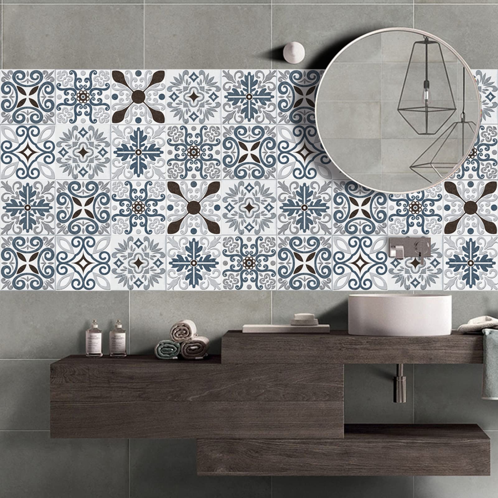 Naklejki imitujące płytki mozaikowe, Self Adhesive PVC Tile Stickers For Bathroom Kitchen Wall Floor Multiple Sizes 10/20/30 Pcs Blue Pattern(20cm x 20cm*20PCS)
