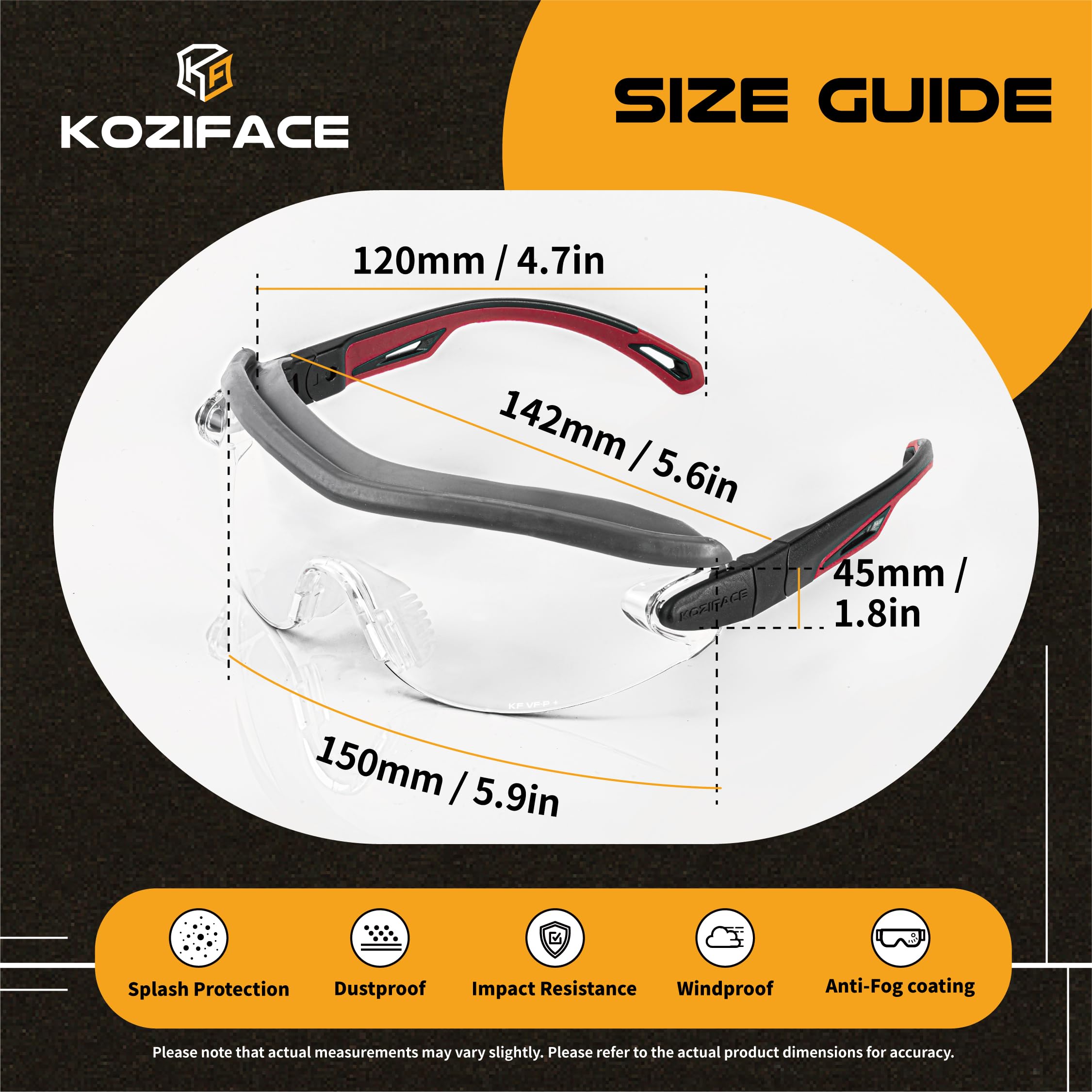 Koziface A10 - Occhiali di sicurezza per uomo e donna, con montatura regolabile, aste e aste, eleganti, con imbottitura superiore, anti appannamento, antigraffio, anti-polvere, certificati Z87.1