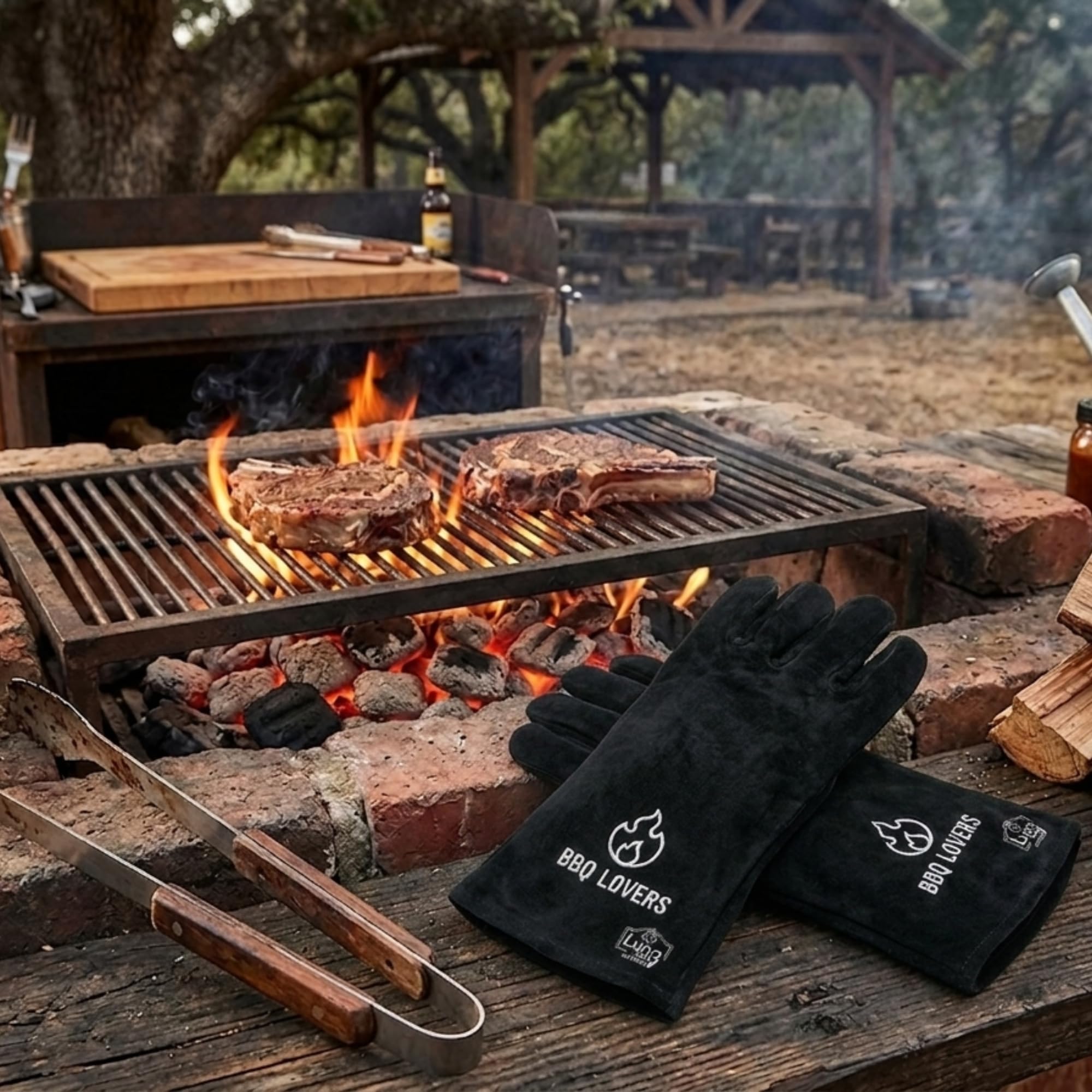 Guantes profesionales BBQ Lovers de piel de ante negra, resistentes al calor EN 407, guantes largos para horno y parrilla para protección del antebrazo, accesorios para barbacoa para hombre