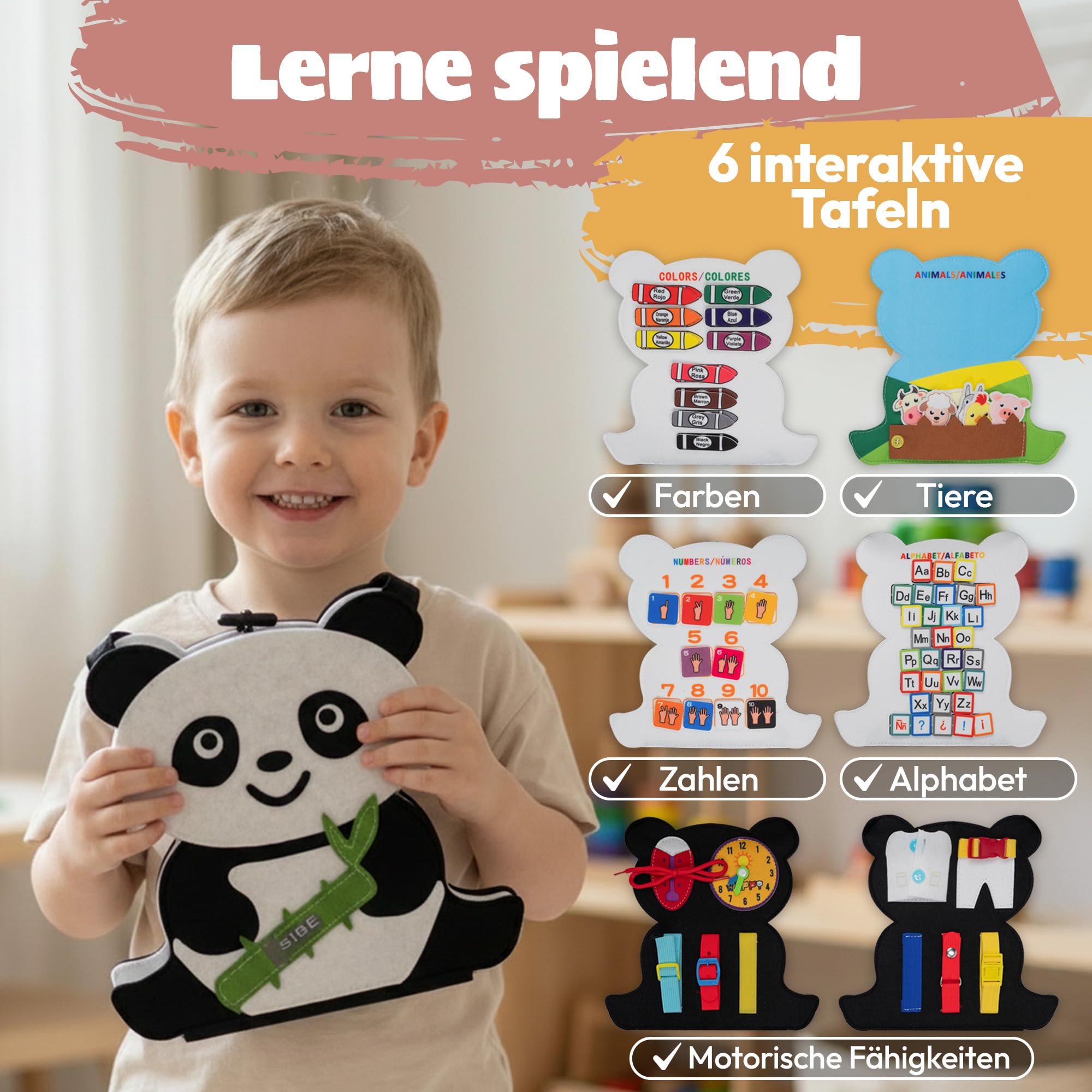 Montessori Busy Board aus Filz ab 3 Jahren - Sensorisches Busy Book mit Buchstaben, Zahlen und Tieren - Montessori Spielzeug ab 3 Jahren mit Feinmotorik Übungen - Panda Design