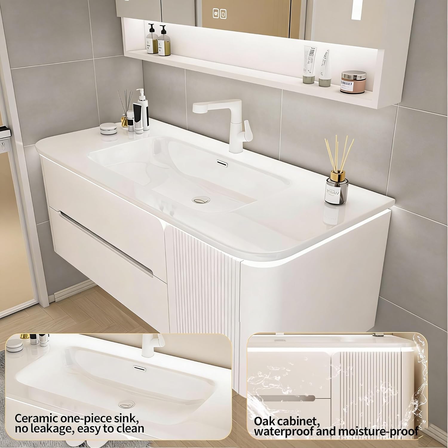 Bathroom Vanity - an Independent Bathroom Vanity with a Sink, Equipped with an Intelligent LED Anti-Fog Mirror and Sensor Lights., Measuring (28 inches). (36in)