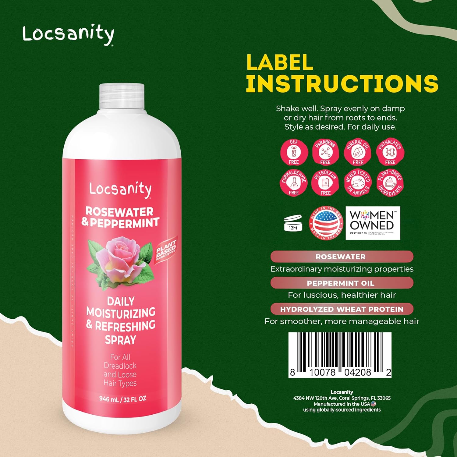Loc Spray - Locsanity Daily Moisturizing Rosewater & Peppermint Spray for Locs, Dreadlocks - Lightweight Frizz Control Hair & Scalp Moisturizer - Natural Loc Care (32 fl oz)